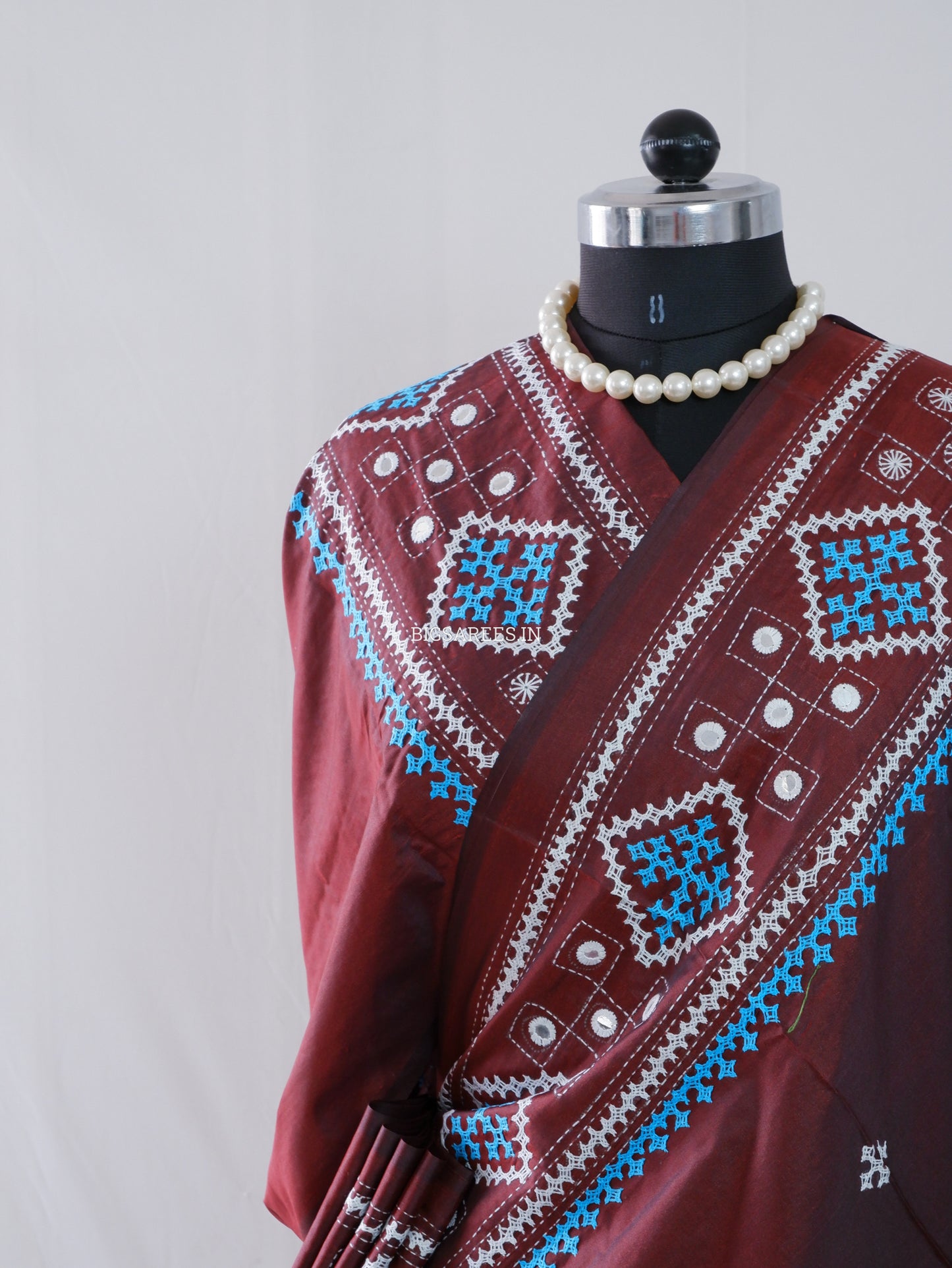 Kutchi/Gujarati Stitch Hand Embroidered Saree | Art Silk | Foil Mirror | Maroon