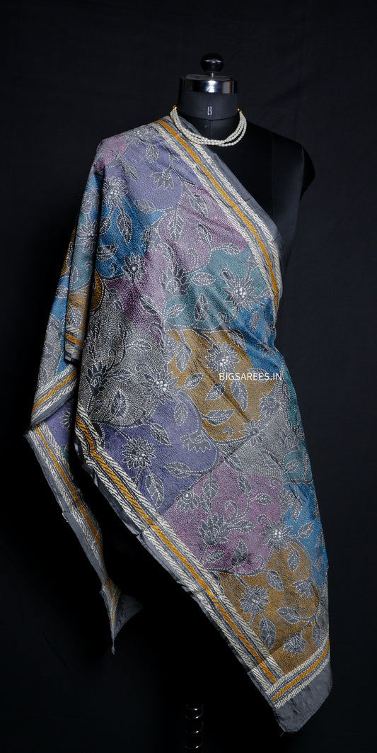 Kantha Art Silk Stole | Slate Gray | 22" |
