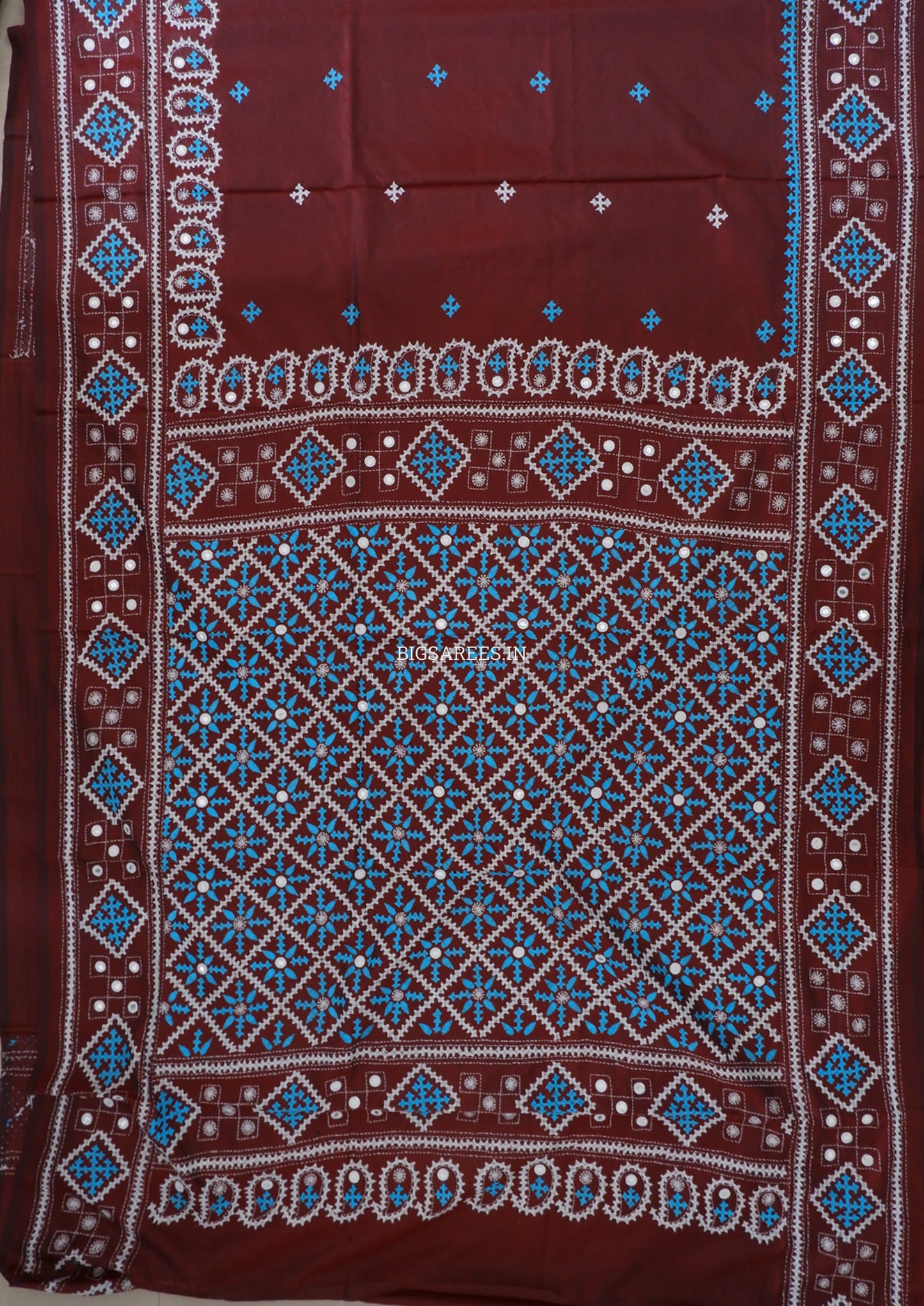 Kutchi/Gujarati Stitch Hand Embroidered Saree | Art Silk | Foil Mirror | Maroon