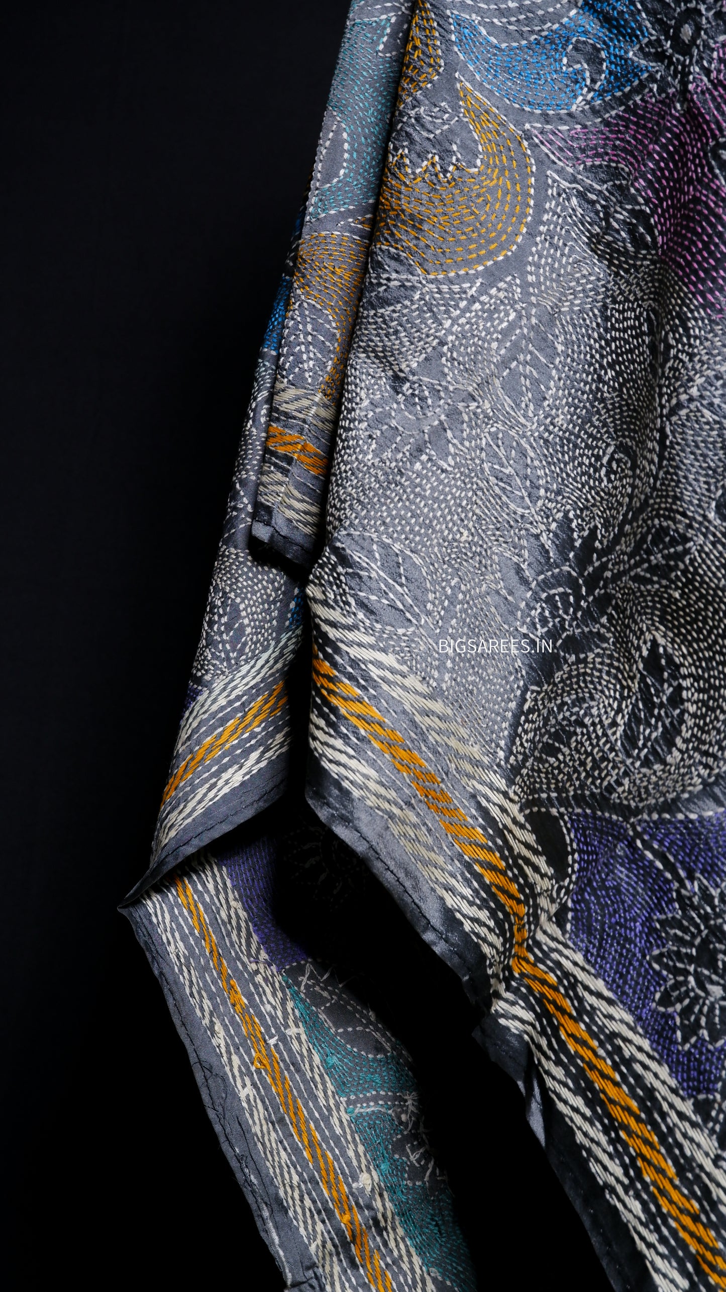 Kantha Art Silk Stole | Slate Gray | 22" |