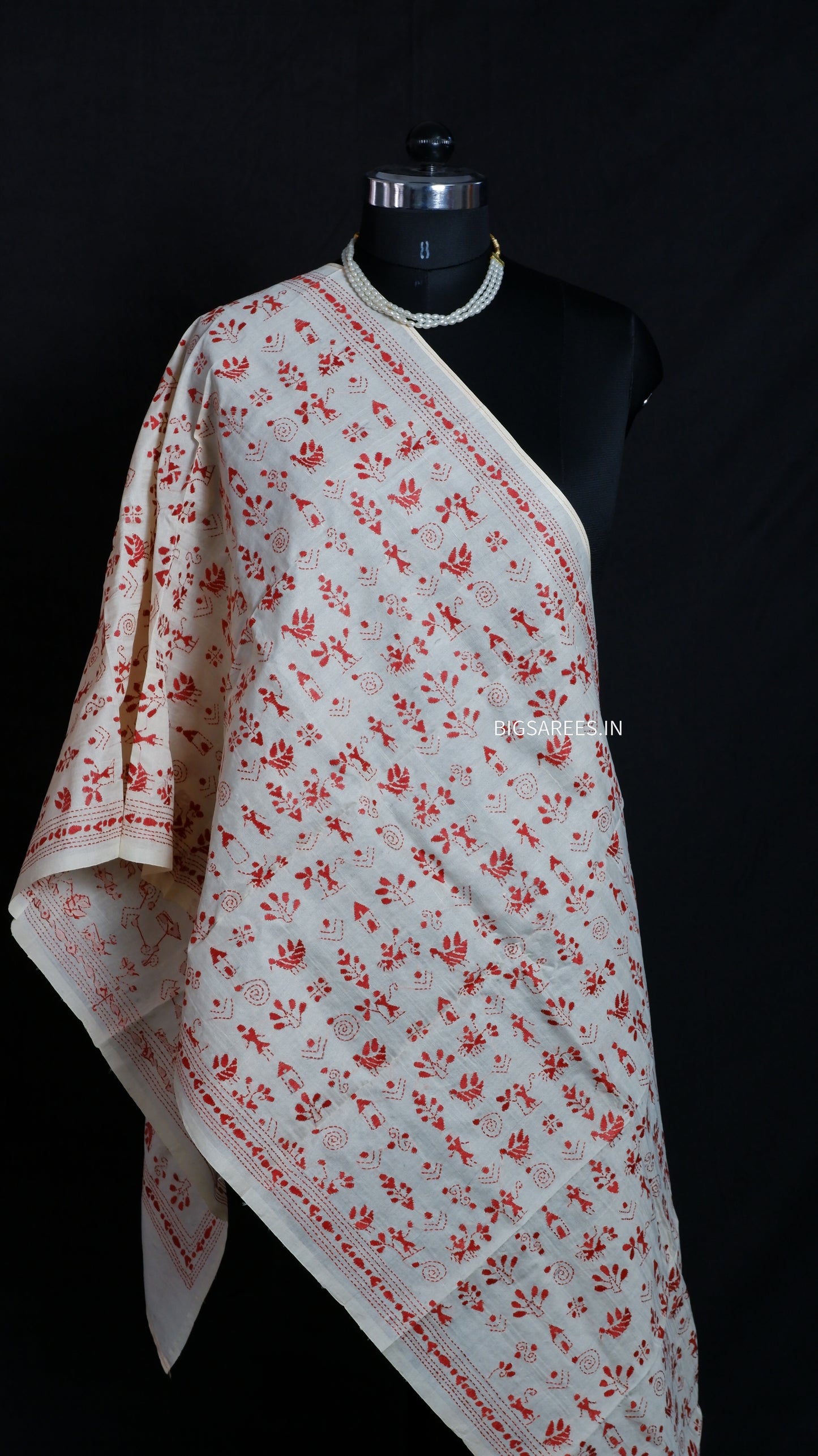 Kantha Semi Tussar Silk Stole | Off-White | 22" |