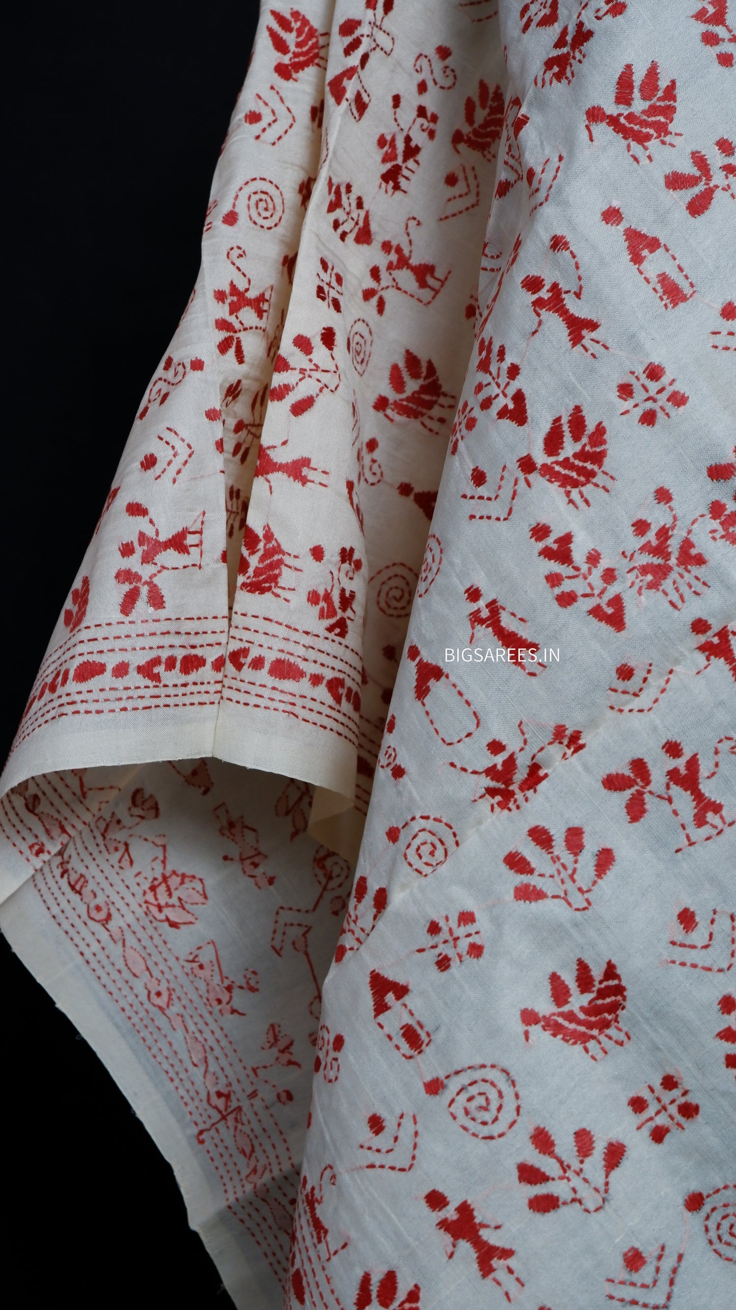 Kantha Semi Tussar Silk Stole | Off-White | 22" |