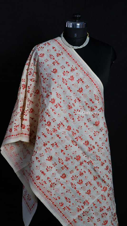 Kantha Semi Tussar Silk Stole | Off-White | 22" |