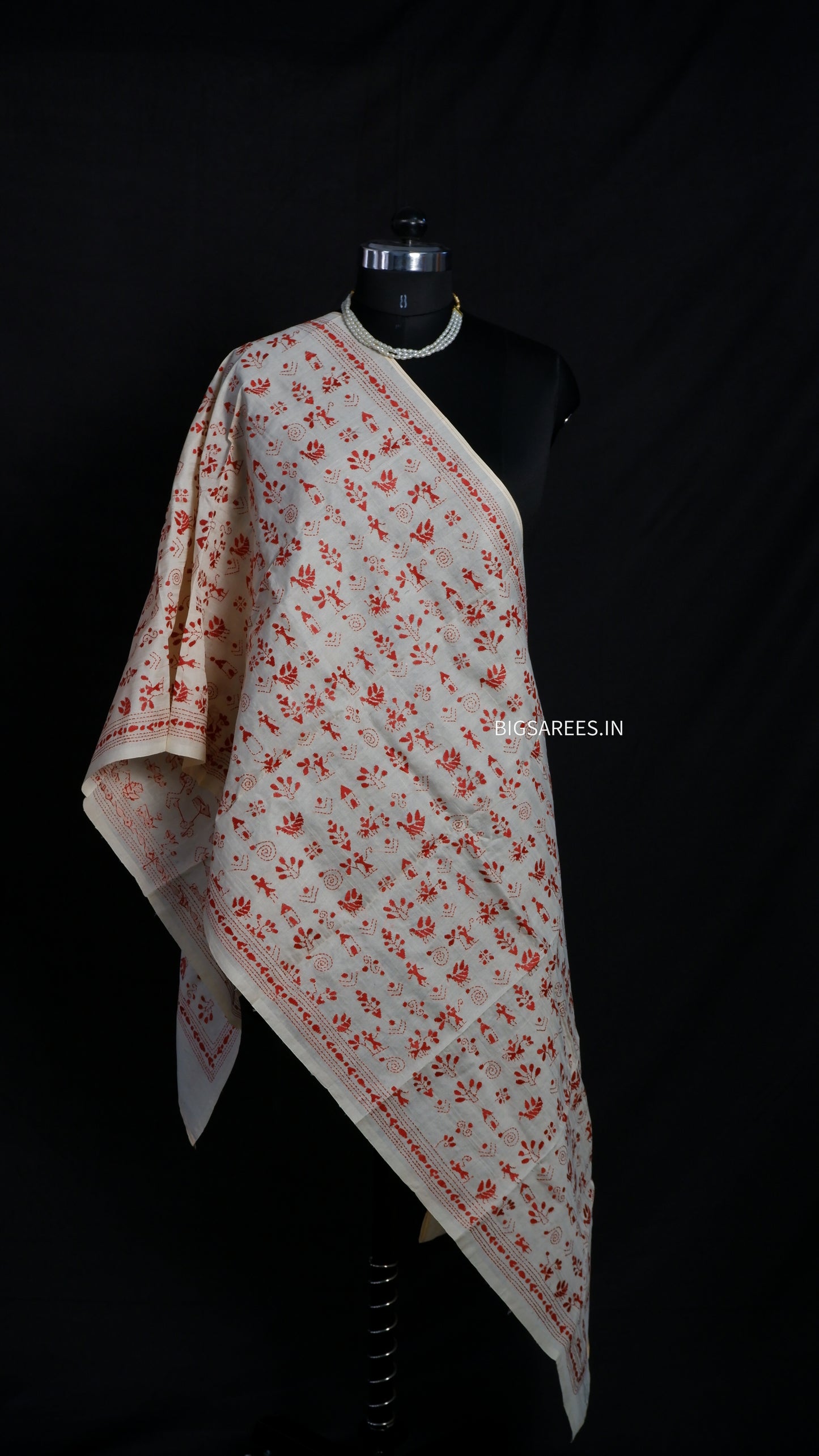 Kantha Semi Tussar Silk Stole | Off-White | 22" |