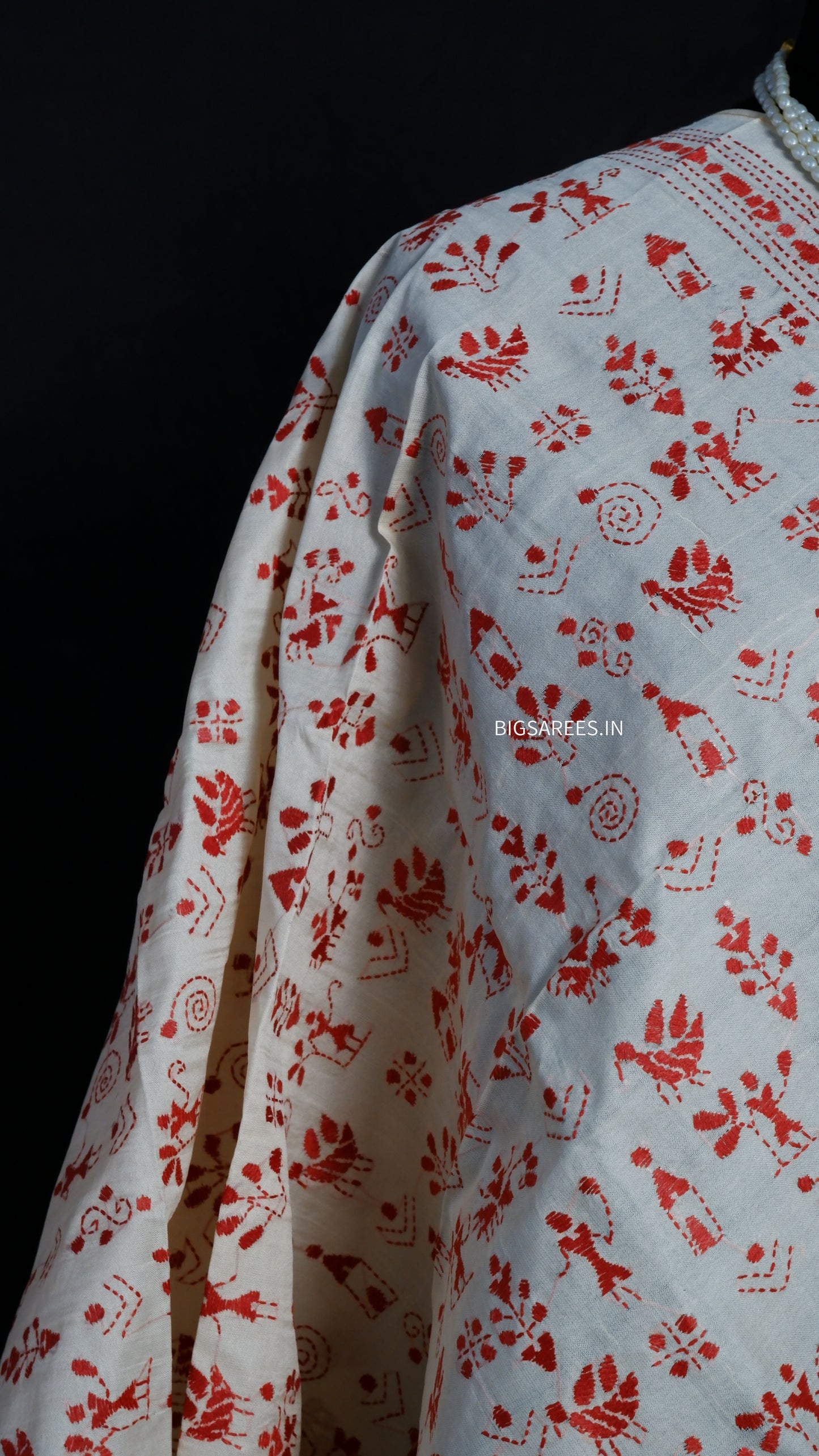 Kantha Semi Tussar Silk Stole | Off-White | 22" |