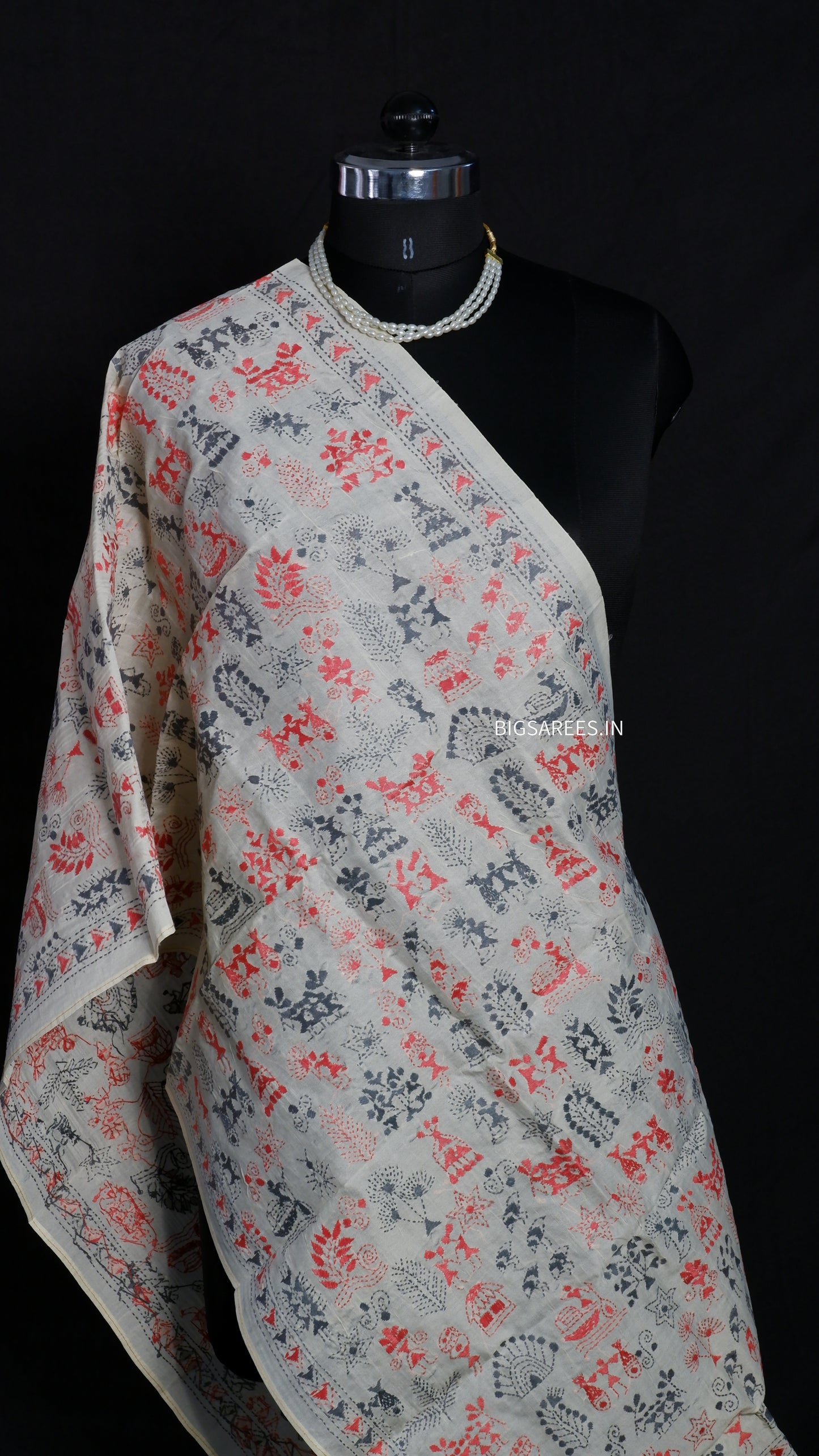 Kantha Semi Tussar Silk Stole | Off-White | 22" |