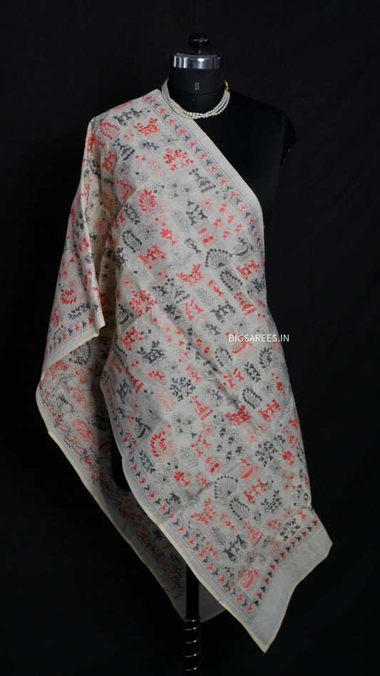 Kantha Semi Tussar Silk Stole | Off-White | 22" |