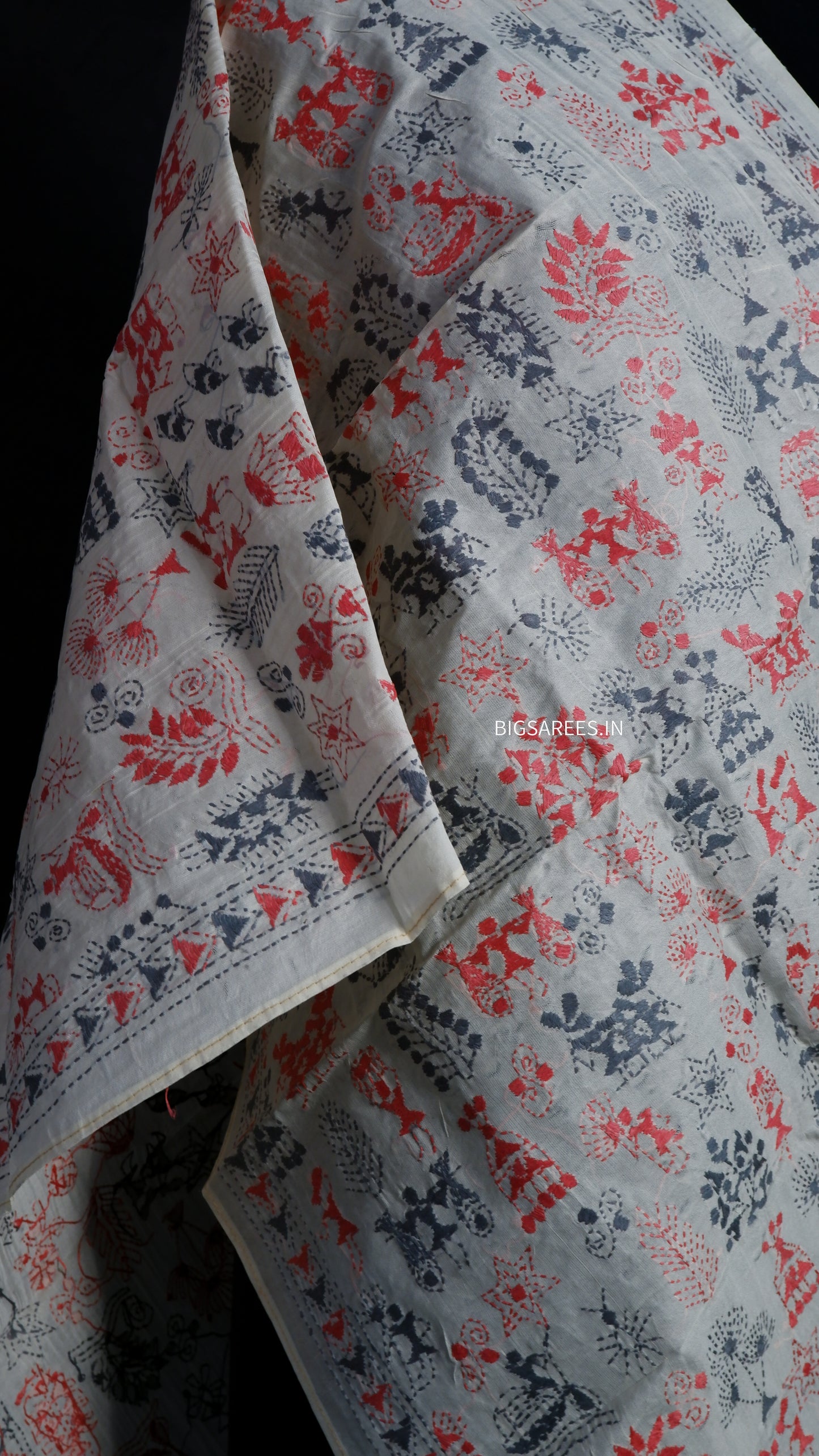 Kantha Semi Tussar Silk Stole | Off-White | 22" |