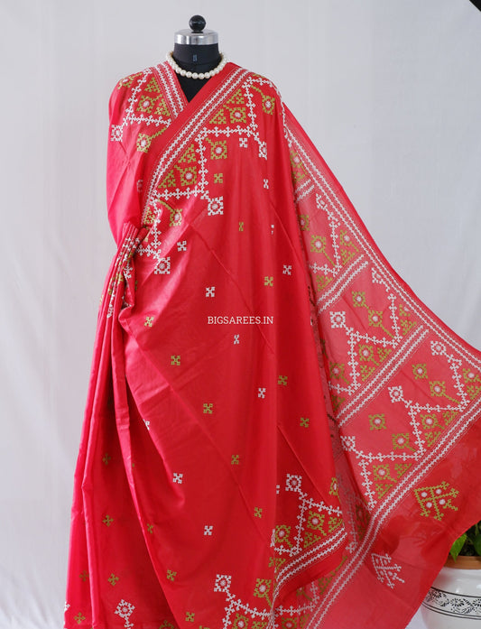 Kutchi/Gujarati Hand Embroidered Saree  | Blended Bangalore Silk / Art Silk | Red