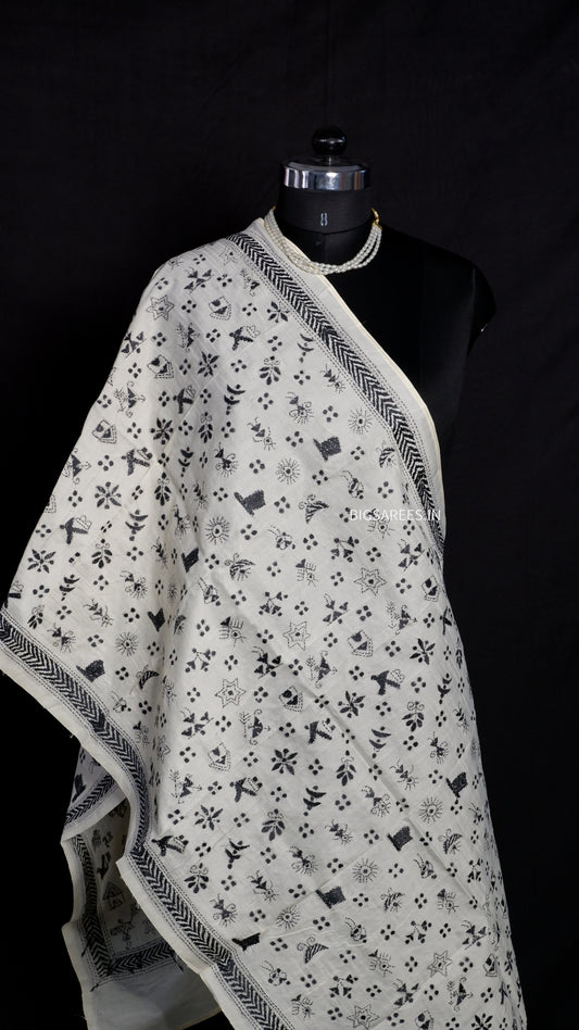 Kantha Semi Tussar Silk Stole | Off-White | 22" |