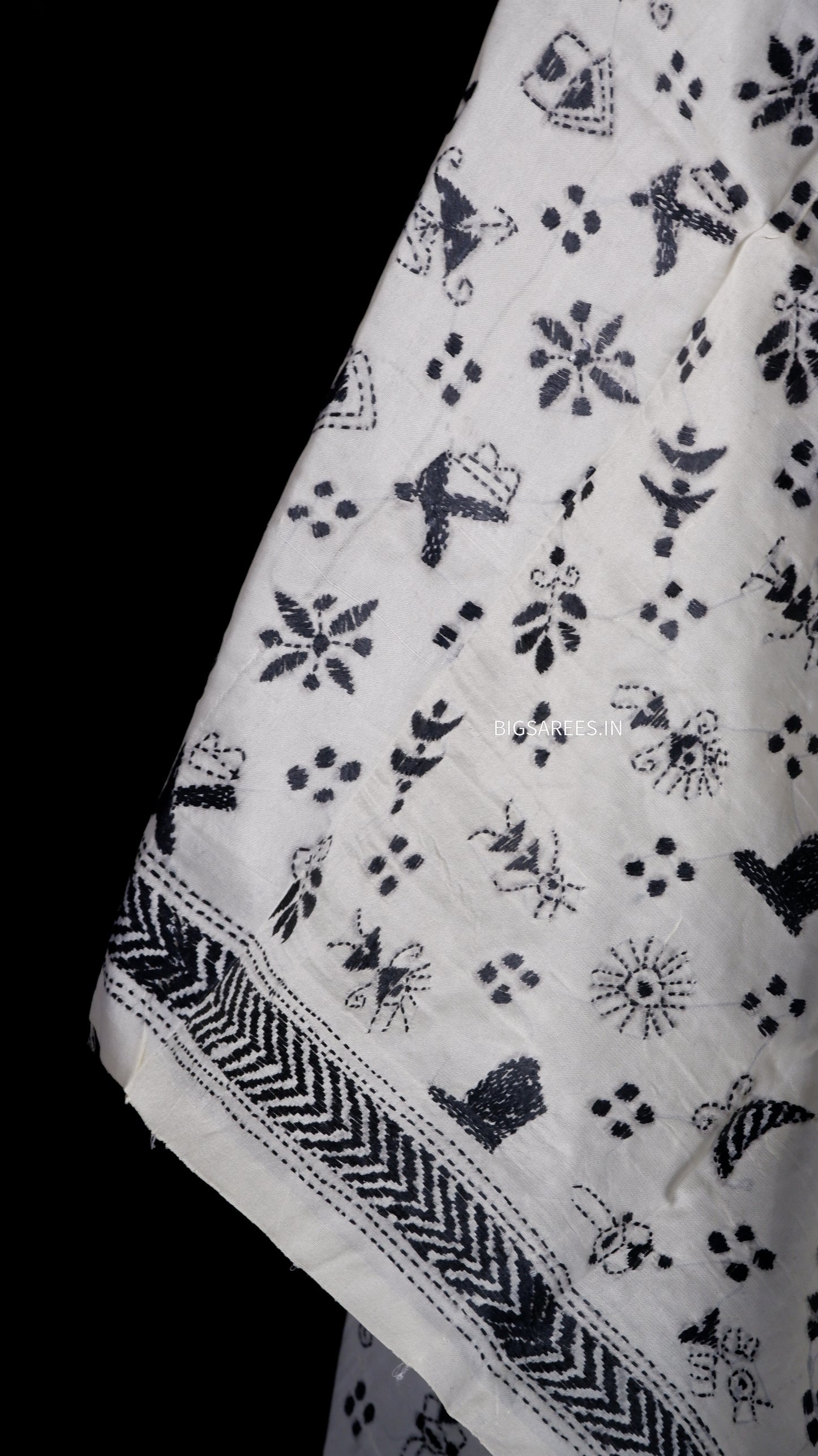 Kantha Semi Tussar Silk Stole | Off-White | 22" |