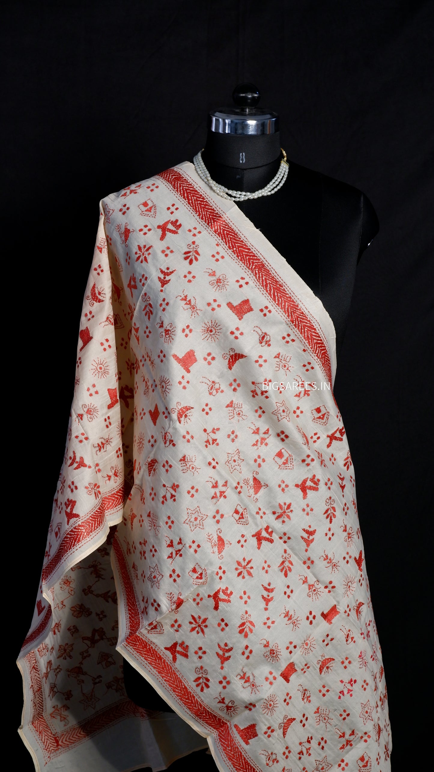 Kantha Semi Tussar Silk Stole | Off-White | 22" |