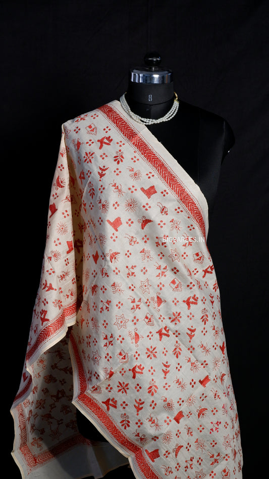 Kantha Semi Tussar Silk Stole | Off-White | 22" |
