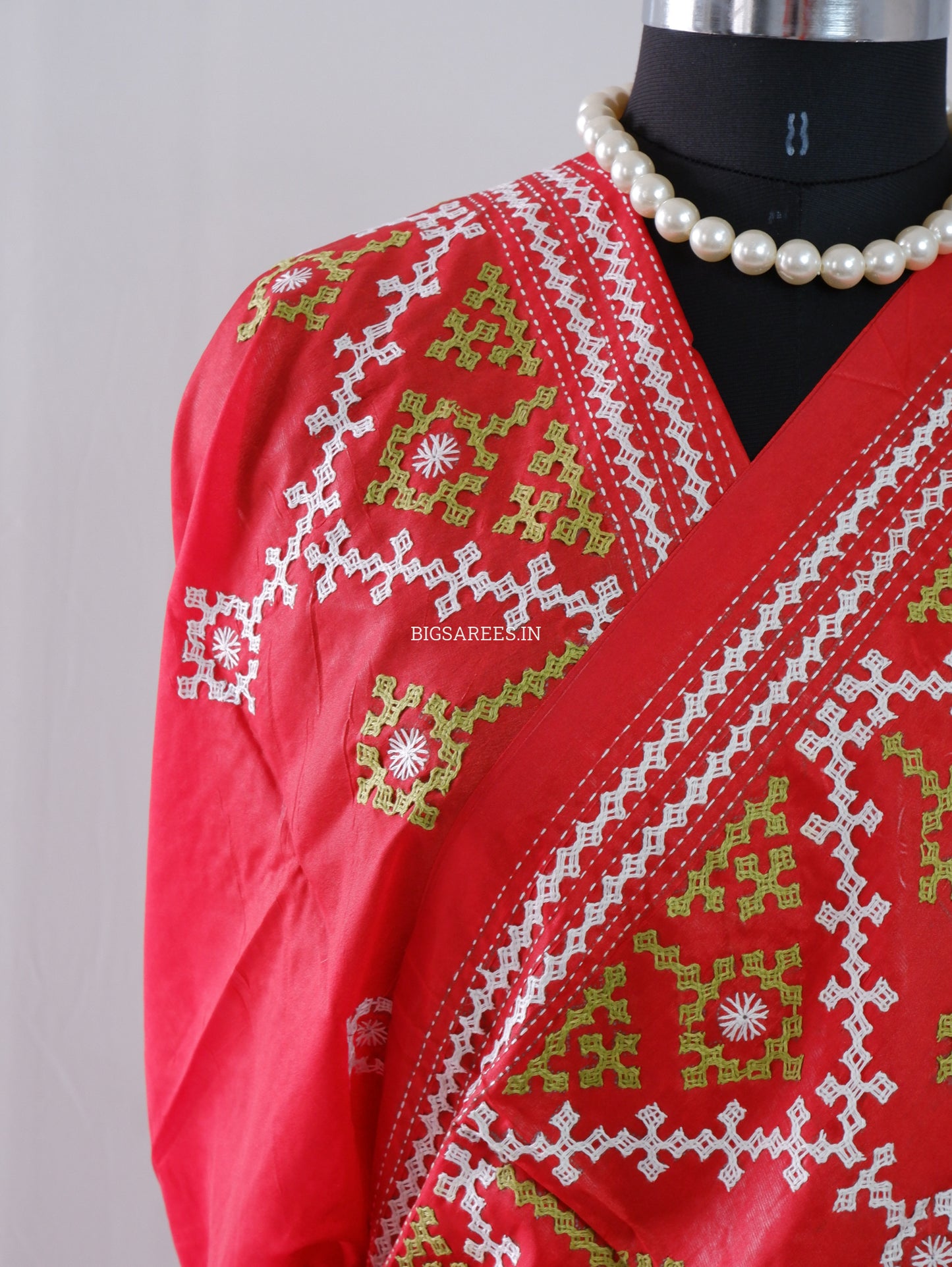 Kutchi/Gujarati Hand Embroidered Saree  | Blended Bangalore Silk / Art Silk | Red