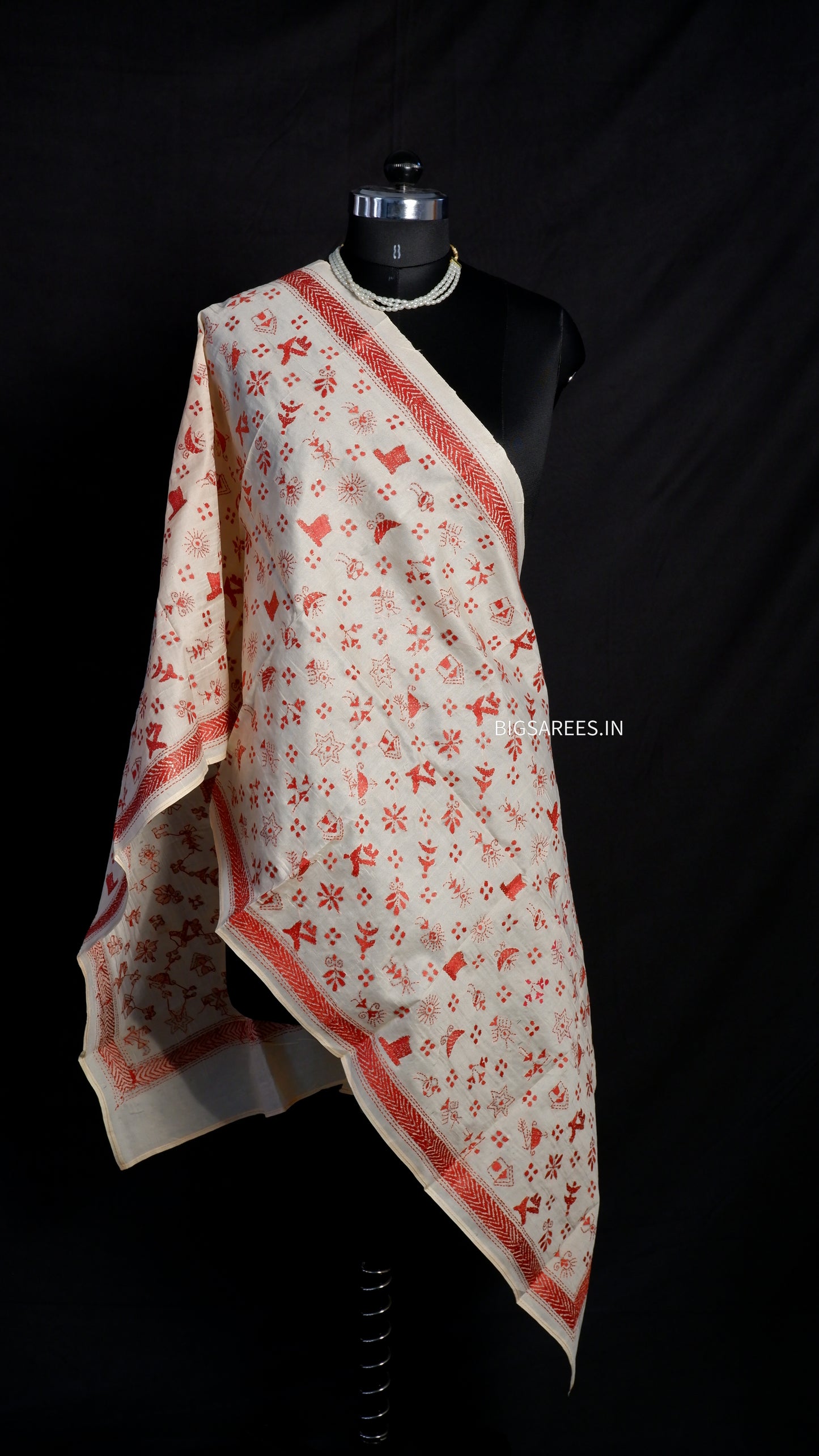 Kantha Semi Tussar Silk Stole | Off-White | 22" |