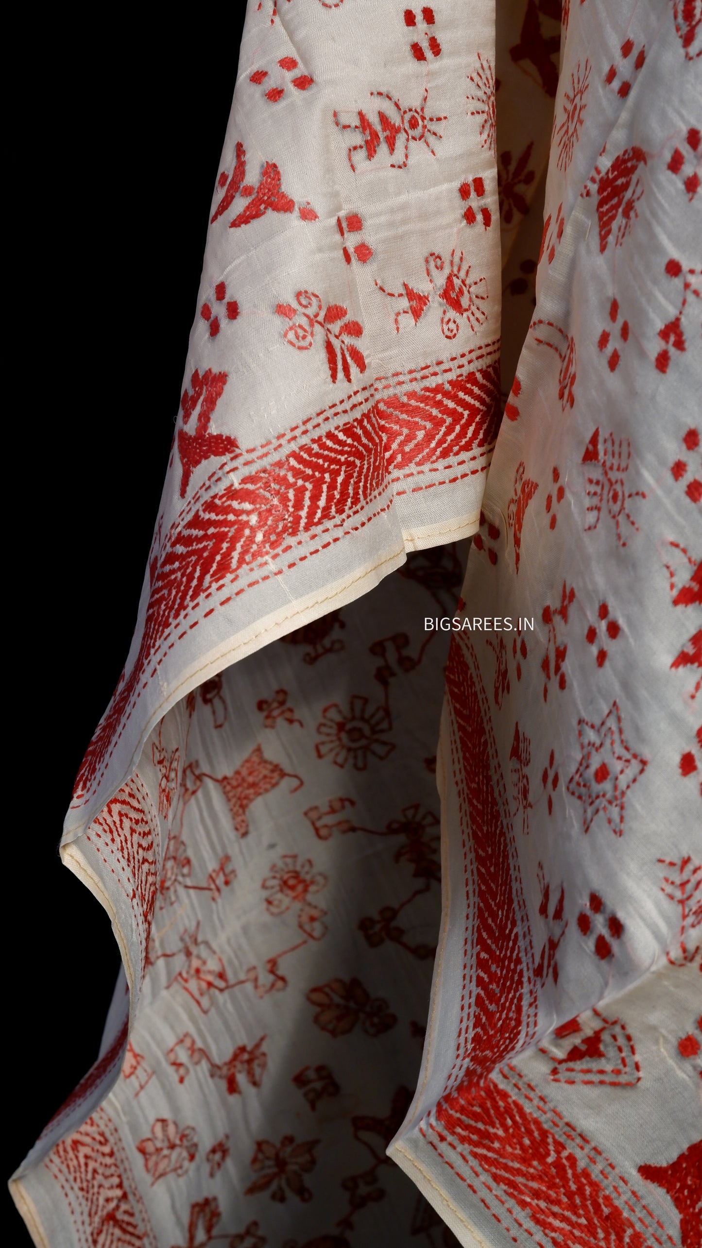 Kantha Semi Tussar Silk Stole | Off-White | 22" |
