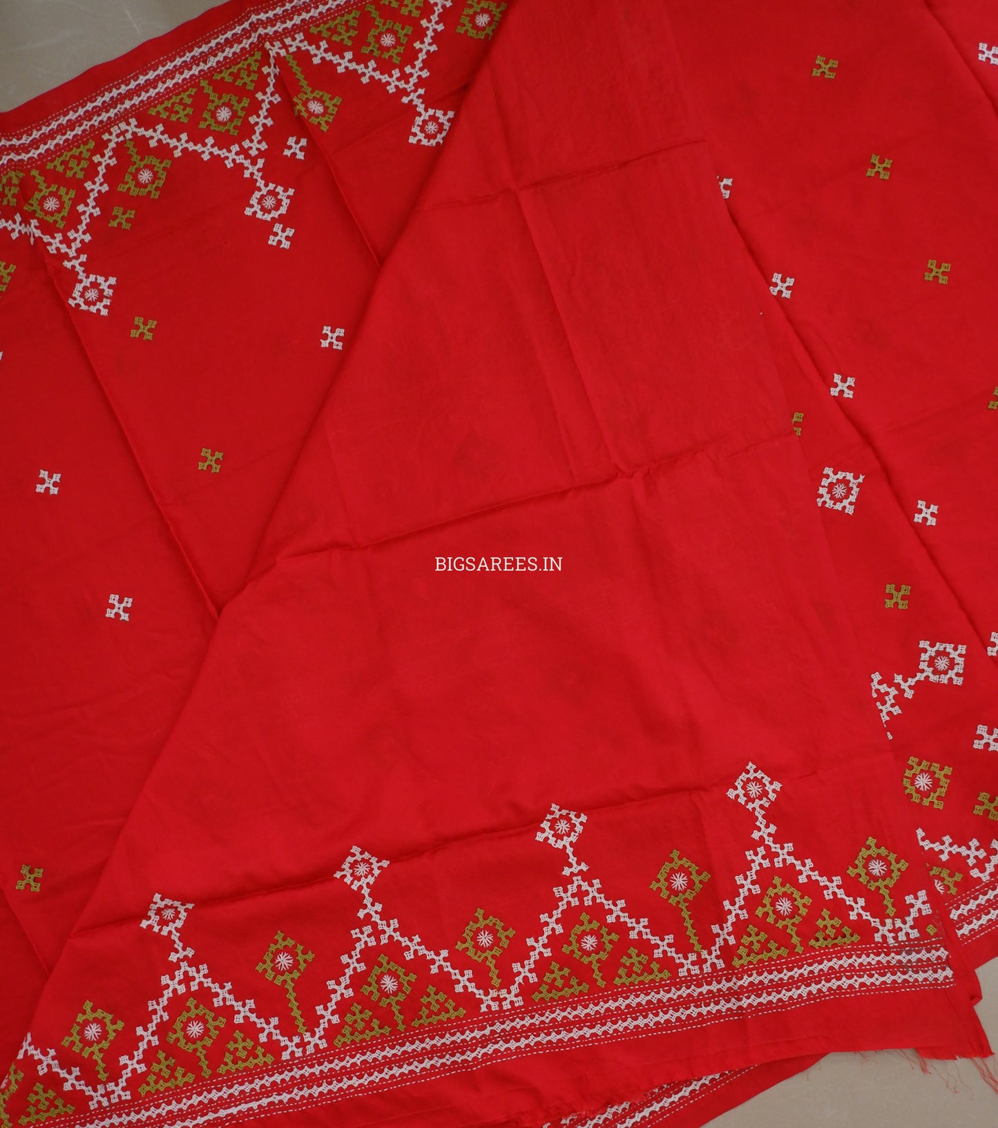 Kutchi/Gujarati Hand Embroidered Saree  | Blended Bangalore Silk / Art Silk | Red