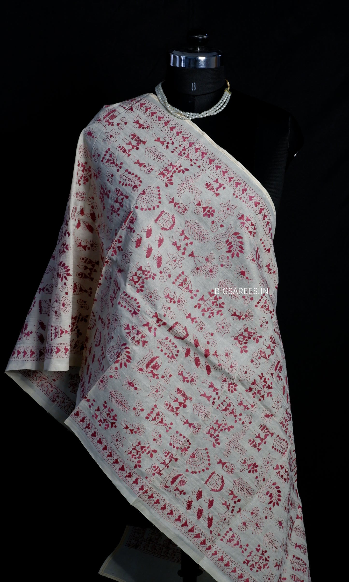 Kantha Semi Tussar Silk Stole | Off-White | 22" |