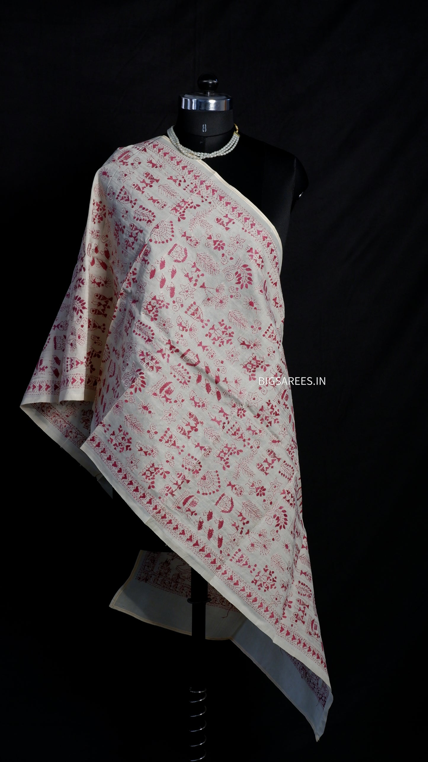 Kantha Semi Tussar Silk Stole | Off-White | 22" |