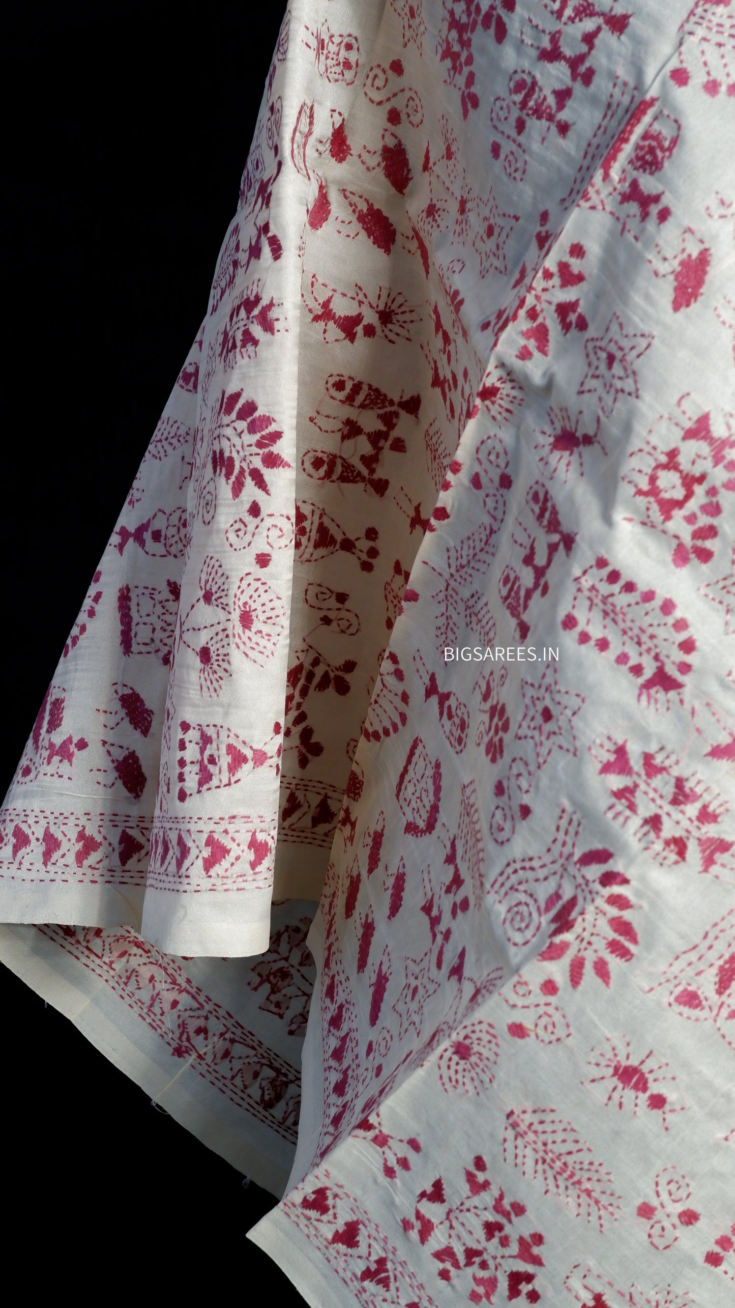 Kantha Semi Tussar Silk Stole | Off-White | 22" |