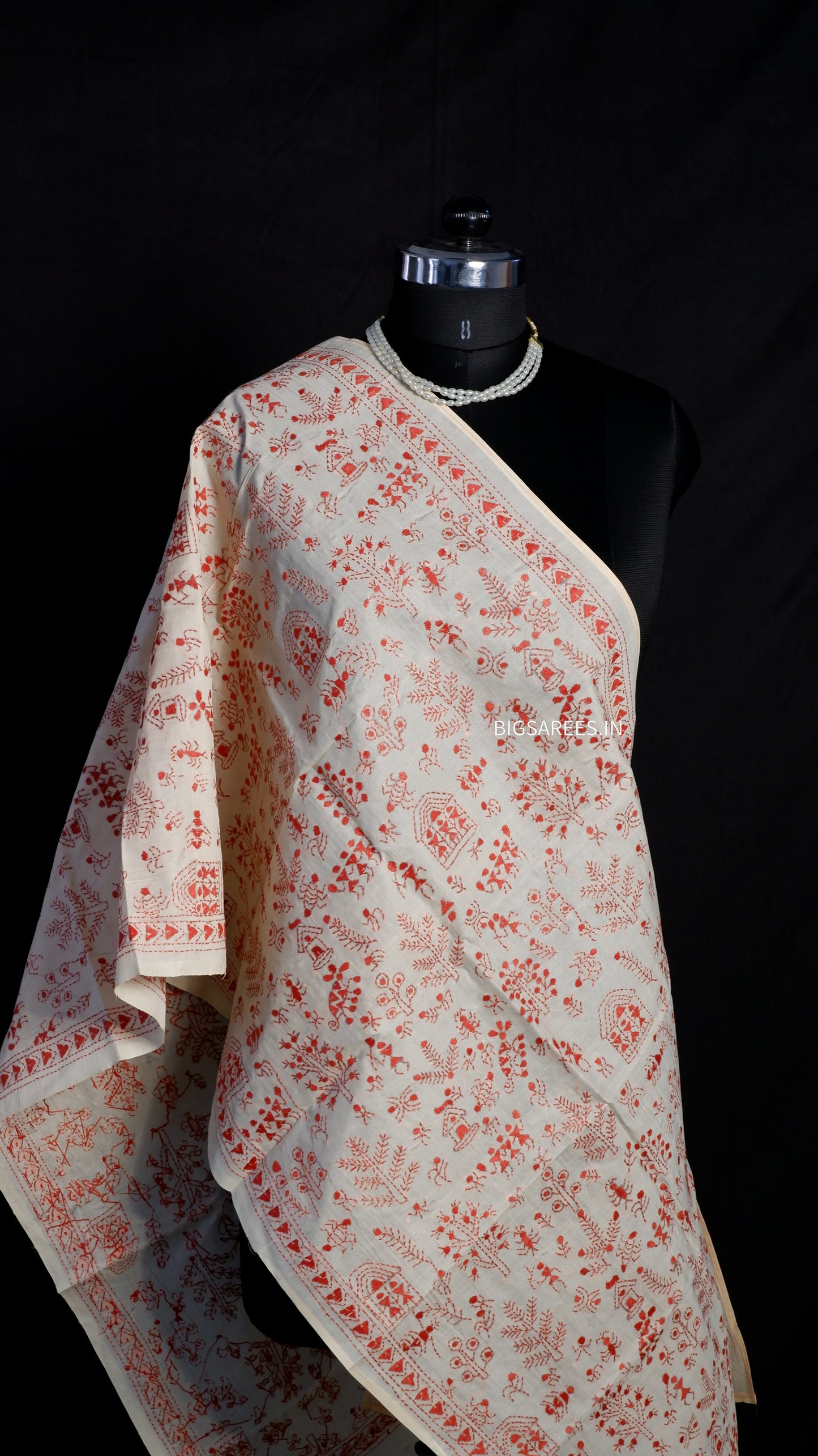 Kantha Semi Tussar Silk Stole | Off-White | 22" |