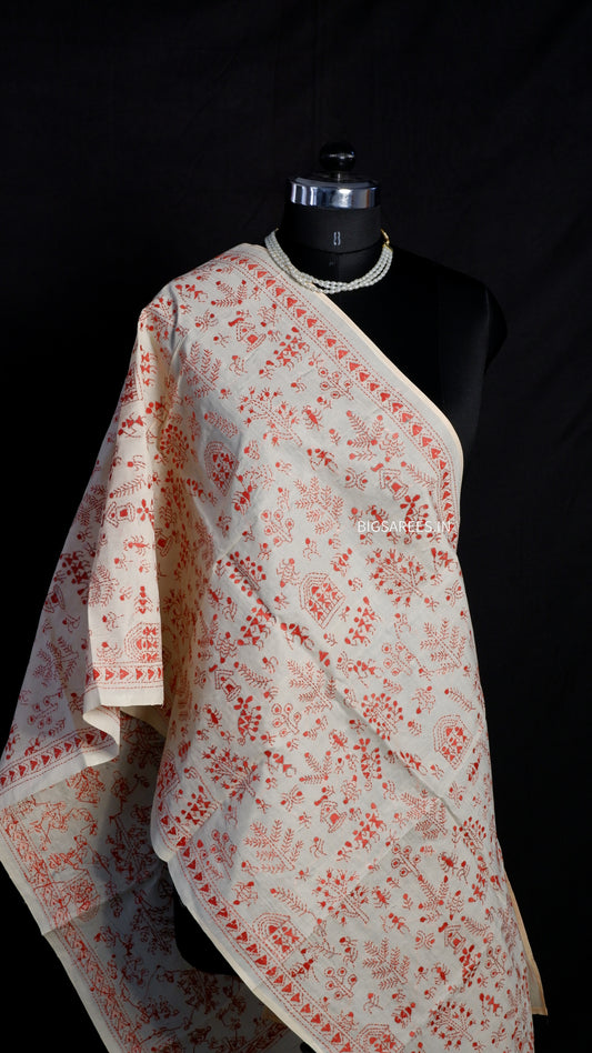 Kantha Semi Tussar Silk Stole | Off-White | 22" |