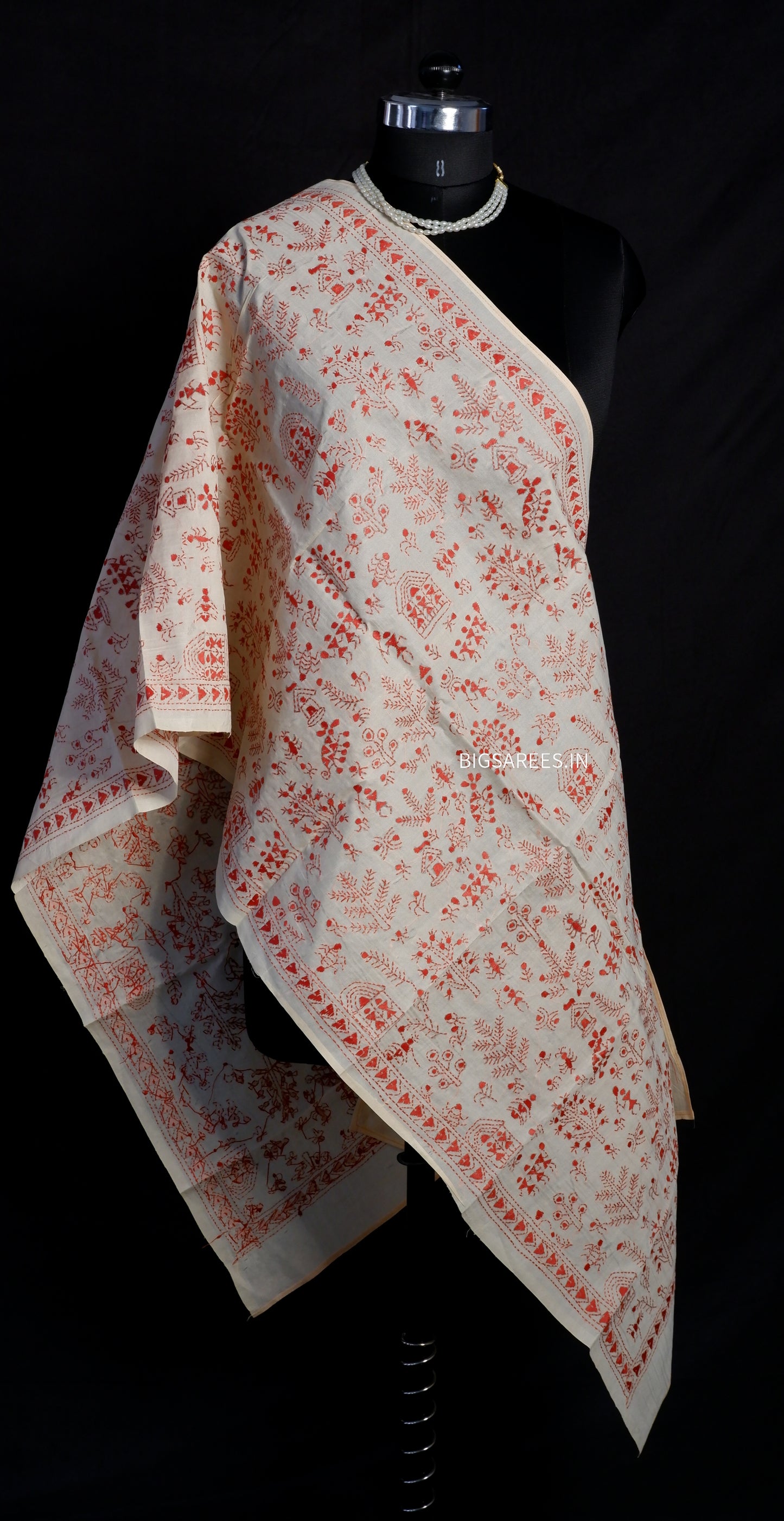 Kantha Semi Tussar Silk Stole | Off-White | 22" |