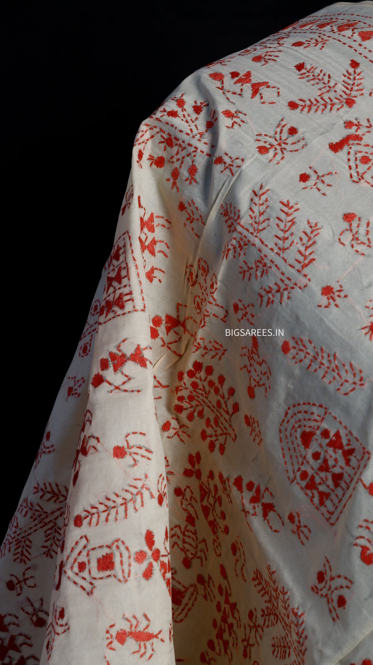 Kantha Semi Tussar Silk Stole | Off-White | 22" |