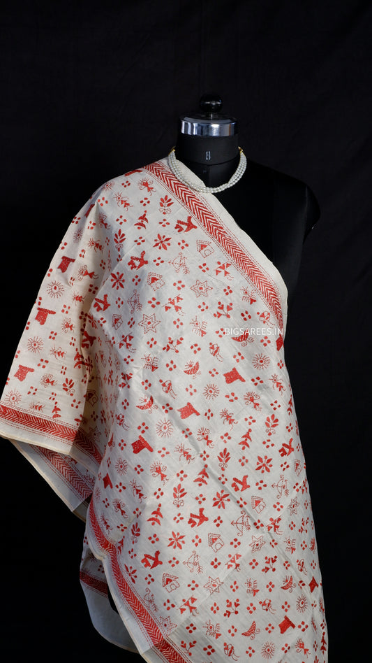 Kantha Semi Tussar Silk Stole | Off-White | 22" |