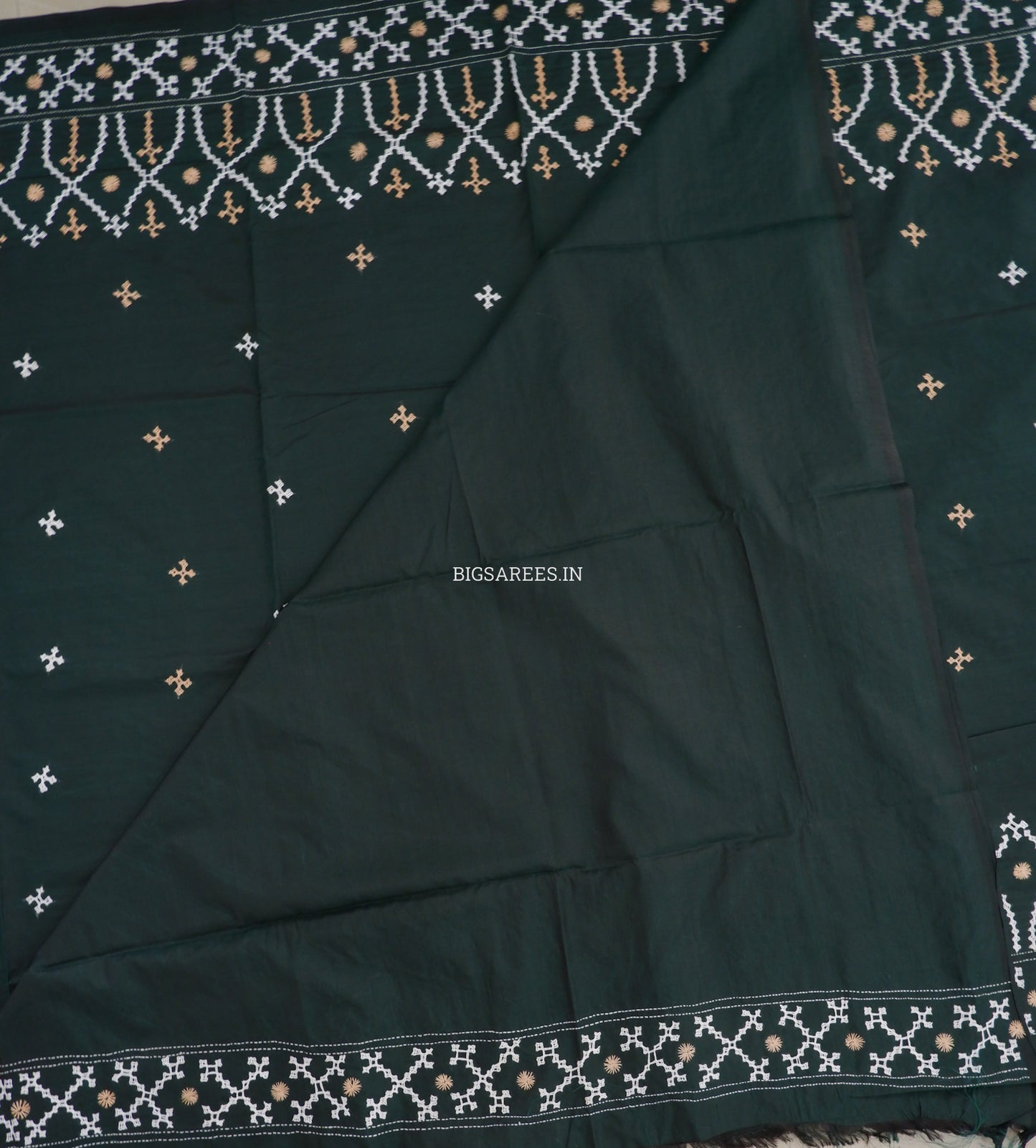 Kutchi/Gujarati Hand Embroidered Saree  | Blended Bangalore Silk / Art Silk | Forest Green