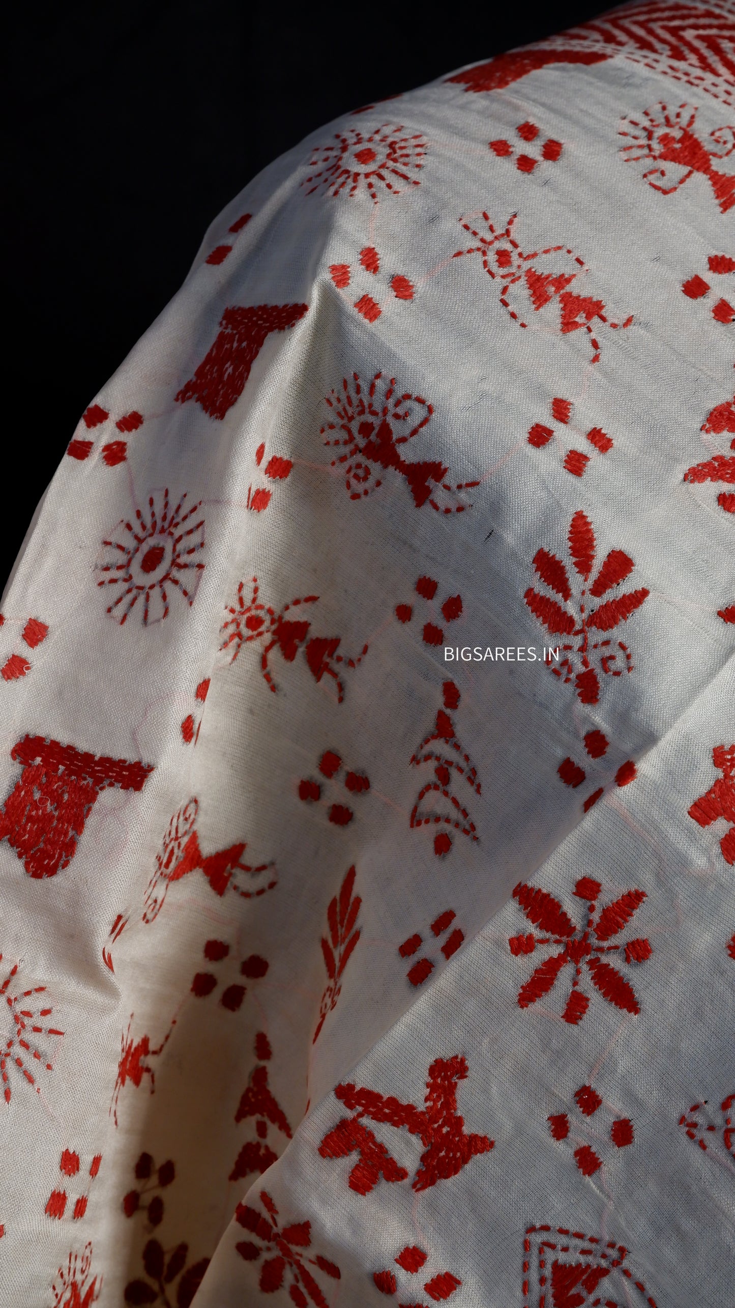 Kantha Semi Tussar Silk Stole | Off-White | 22" |