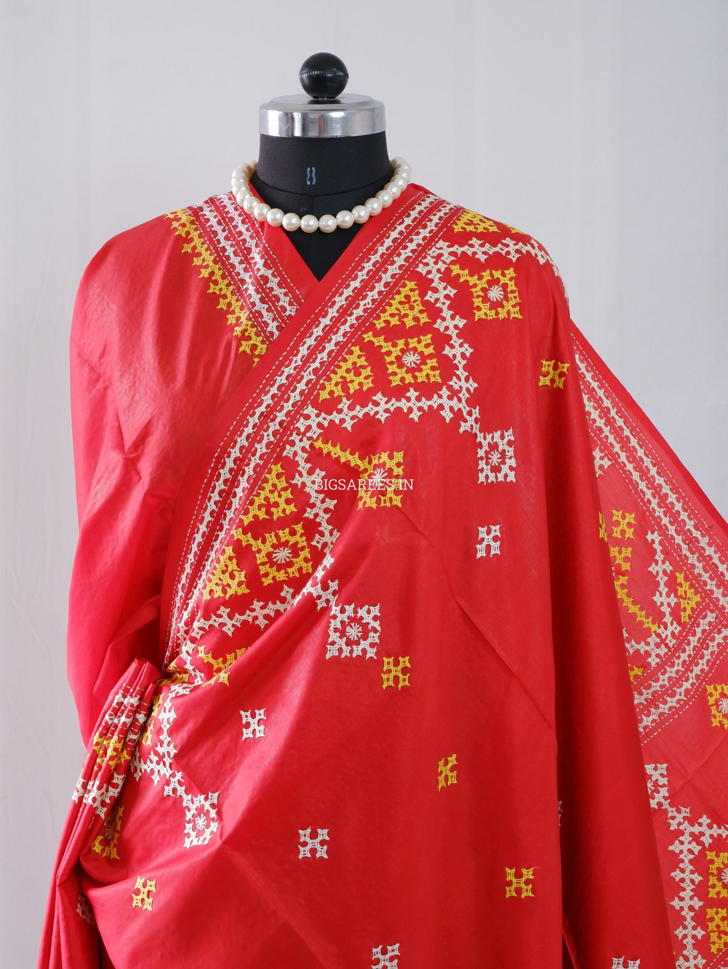 Kutchi/Gujarati Hand Embroidered Saree  | Blended Bangalore Silk / Art Silk | Red