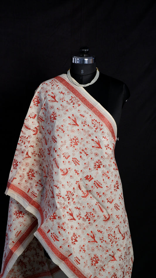 Kantha Semi Tussar Silk Stole | Off-White | 22" |