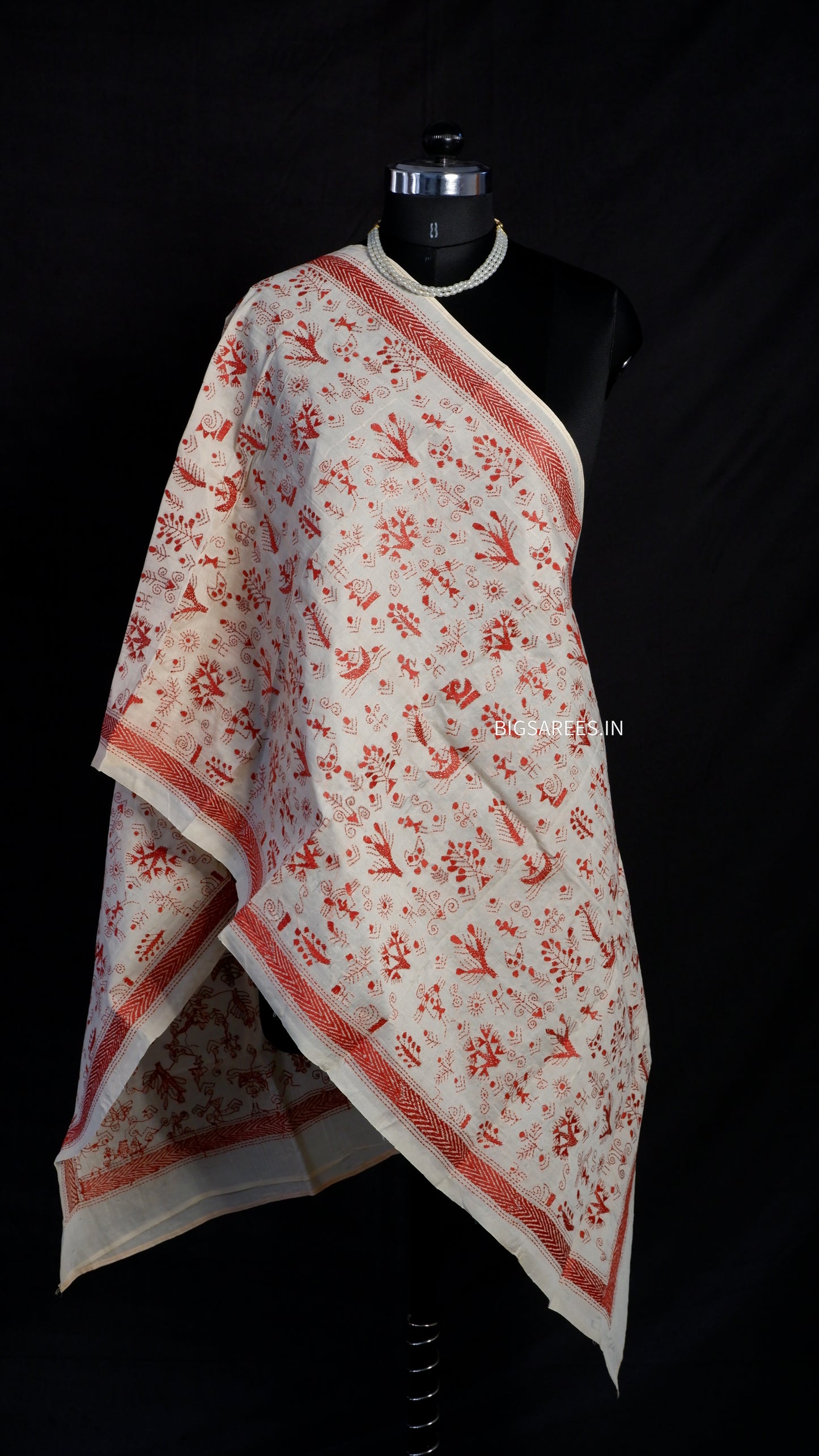 Kantha Semi Tussar Silk Stole | Off-White | 22" |