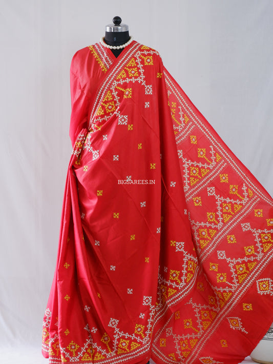 Kutchi/Gujarati Hand Embroidered Saree  | Blended Bangalore Silk / Art Silk | Red
