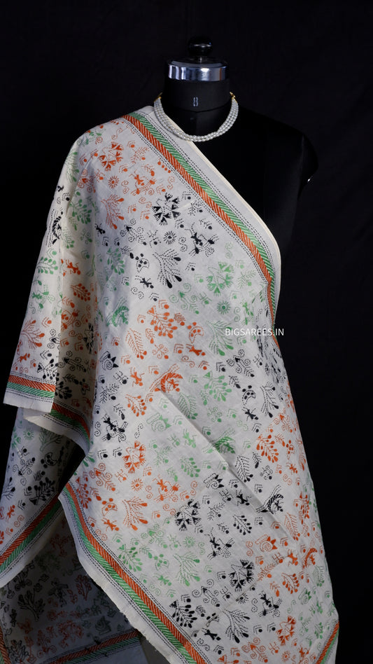 Kantha Semi Tussar Silk Stole | Off-White | 22" |