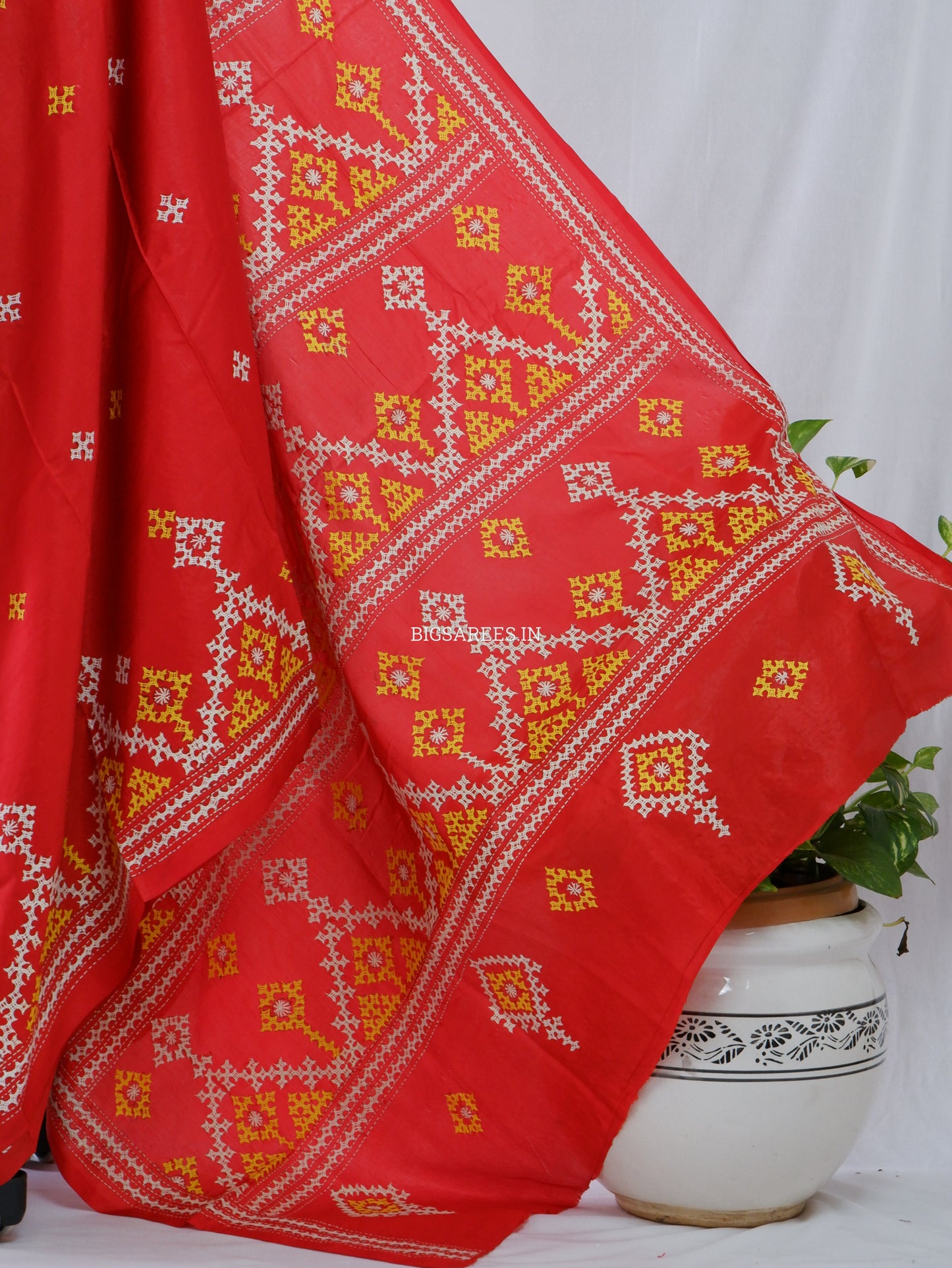 Kutchi/Gujarati Hand Embroidered Saree  | Blended Bangalore Silk / Art Silk | Red
