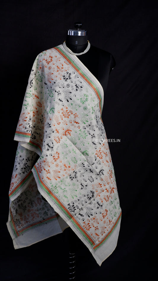 Kantha Semi Tussar Silk Stole | Off-White | 22" |