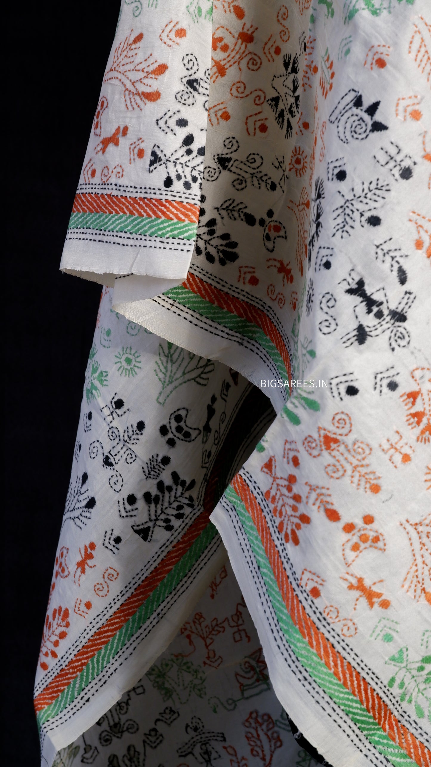 Kantha Semi Tussar Silk Stole | Off-White | 22" |