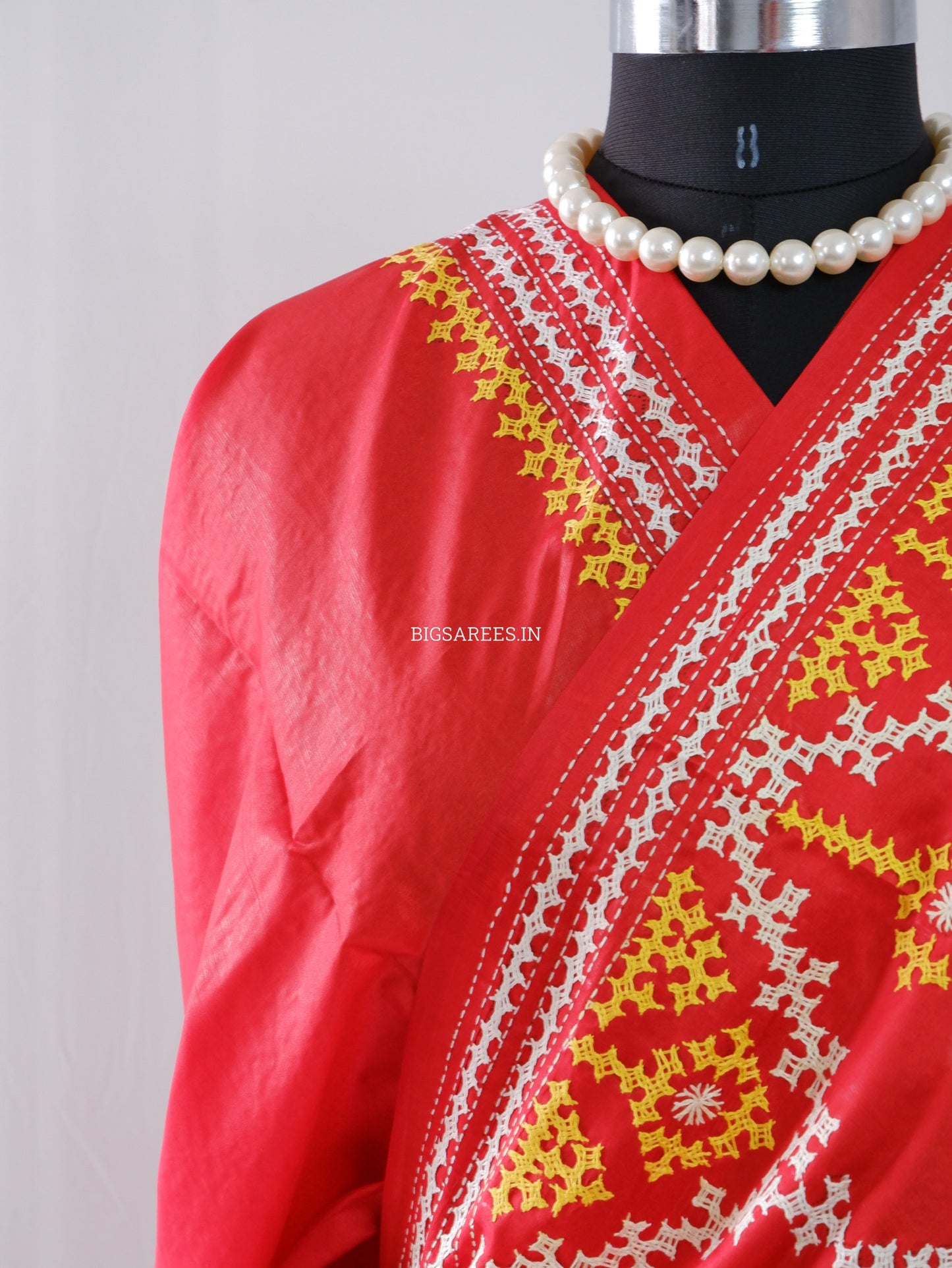 Kutchi/Gujarati Hand Embroidered Saree  | Blended Bangalore Silk / Art Silk | Red
