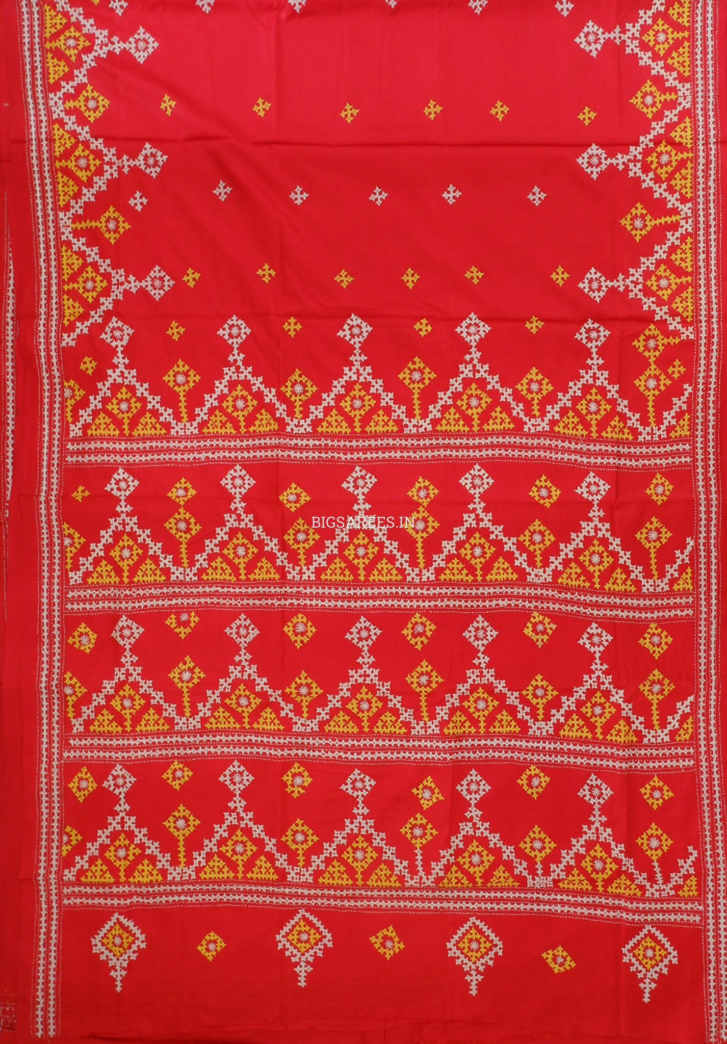 Kutchi/Gujarati Hand Embroidered Saree  | Blended Bangalore Silk / Art Silk | Red