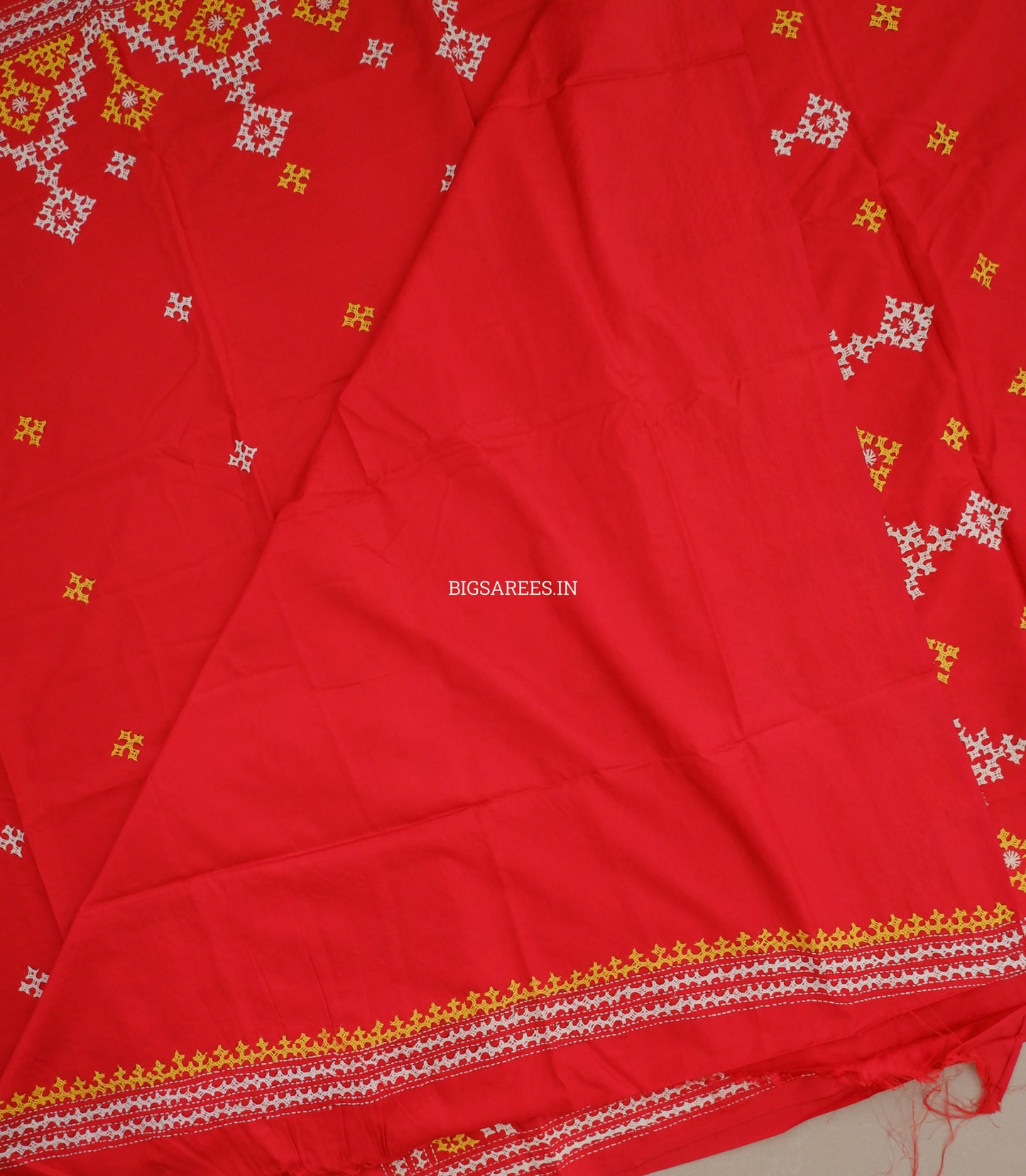 Kutchi/Gujarati Hand Embroidered Saree  | Blended Bangalore Silk / Art Silk | Red