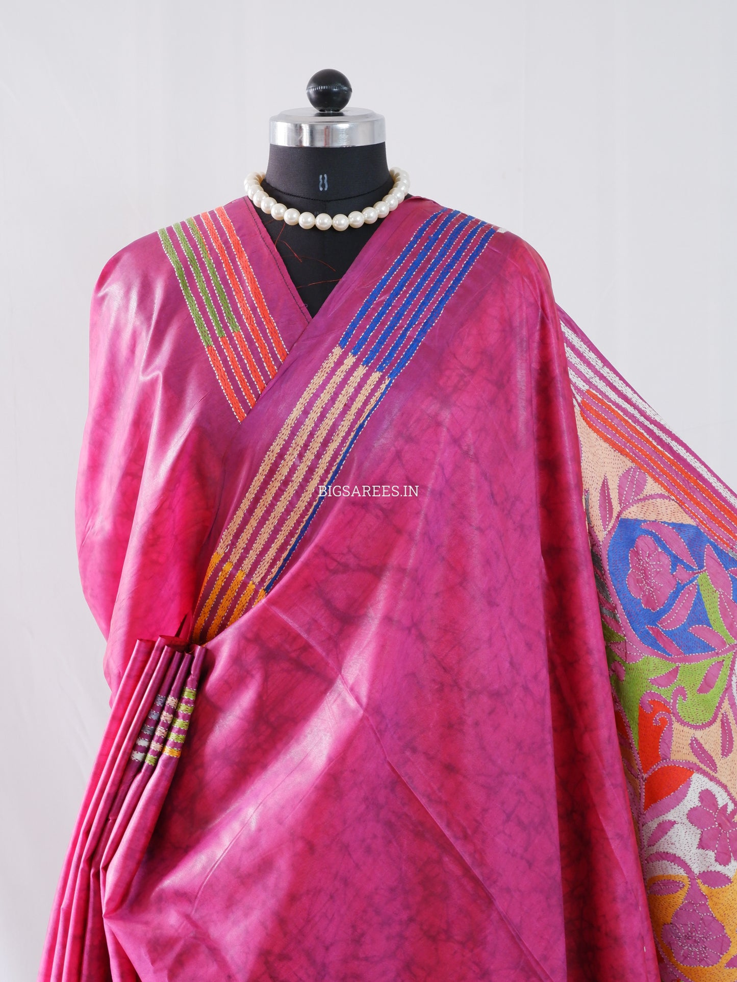 Reverse Kantha Stitch Hand Embroidered Batik Saree | Blended Bangalore Silk / Art Silk | Rani Pink