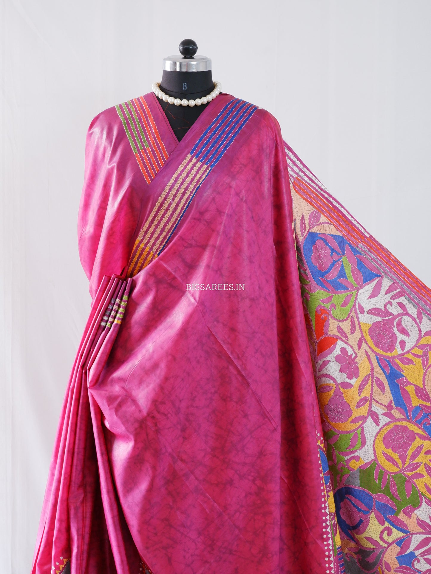 Reverse Kantha Stitch Hand Embroidered Batik Saree | Blended Bangalore Silk / Art Silk | Rani Pink