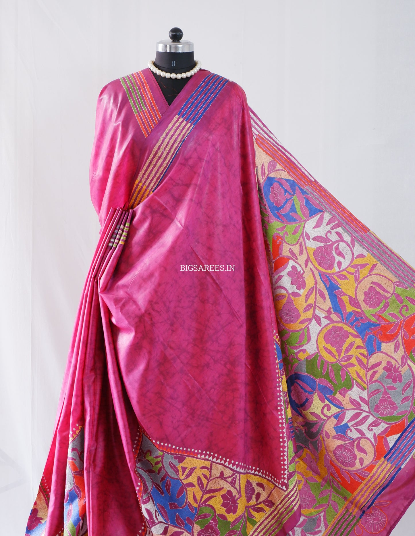 Reverse Kantha Stitch Hand Embroidered Batik Saree | Blended Bangalore Silk / Art Silk | Rani Pink