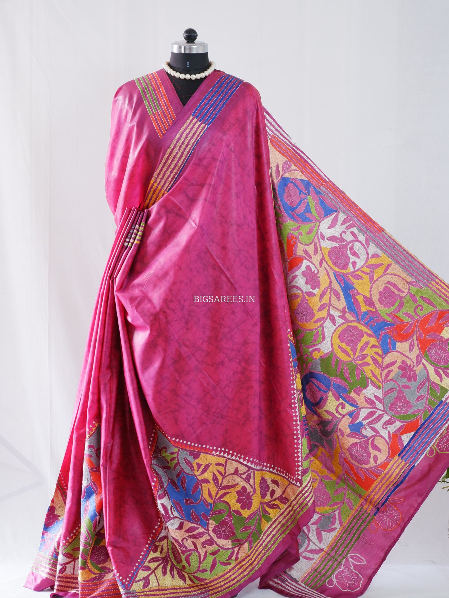 Reverse Kantha Stitch Hand Embroidered Batik Saree | Blended Bangalore Silk / Art Silk | Rani Pink