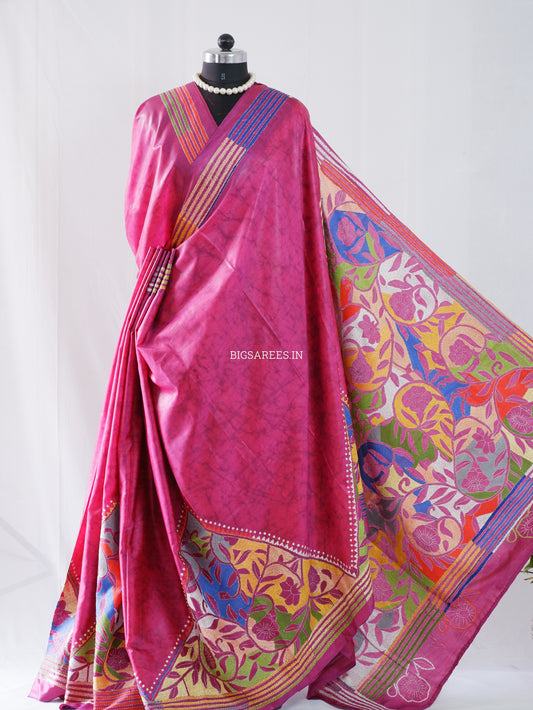 Reverse Kantha Stitch Hand Embroidered Batik Saree | Blended Bangalore Silk / Art Silk | Rani Pink