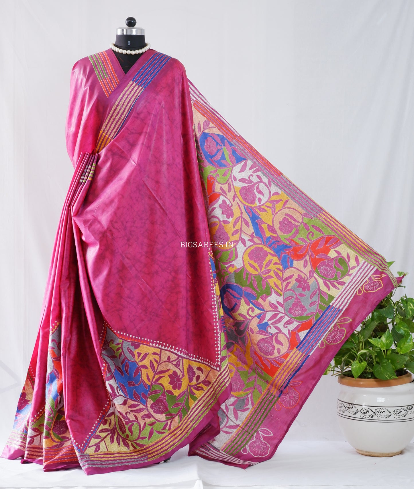 Reverse Kantha Stitch Hand Embroidered Batik Saree | Blended Bangalore Silk / Art Silk | Rani Pink
