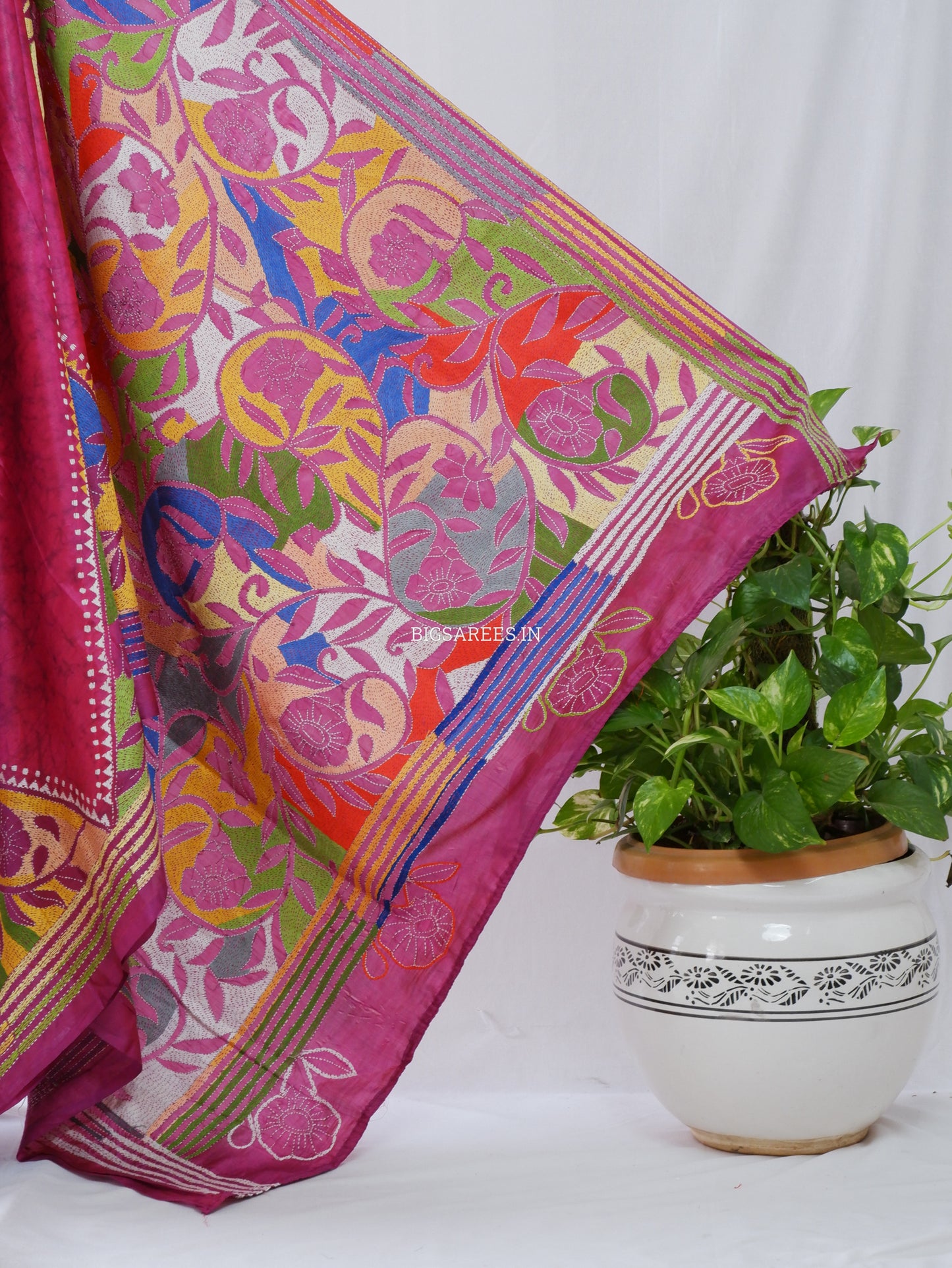 Reverse Kantha Stitch Hand Embroidered Batik Saree | Blended Bangalore Silk / Art Silk | Rani Pink