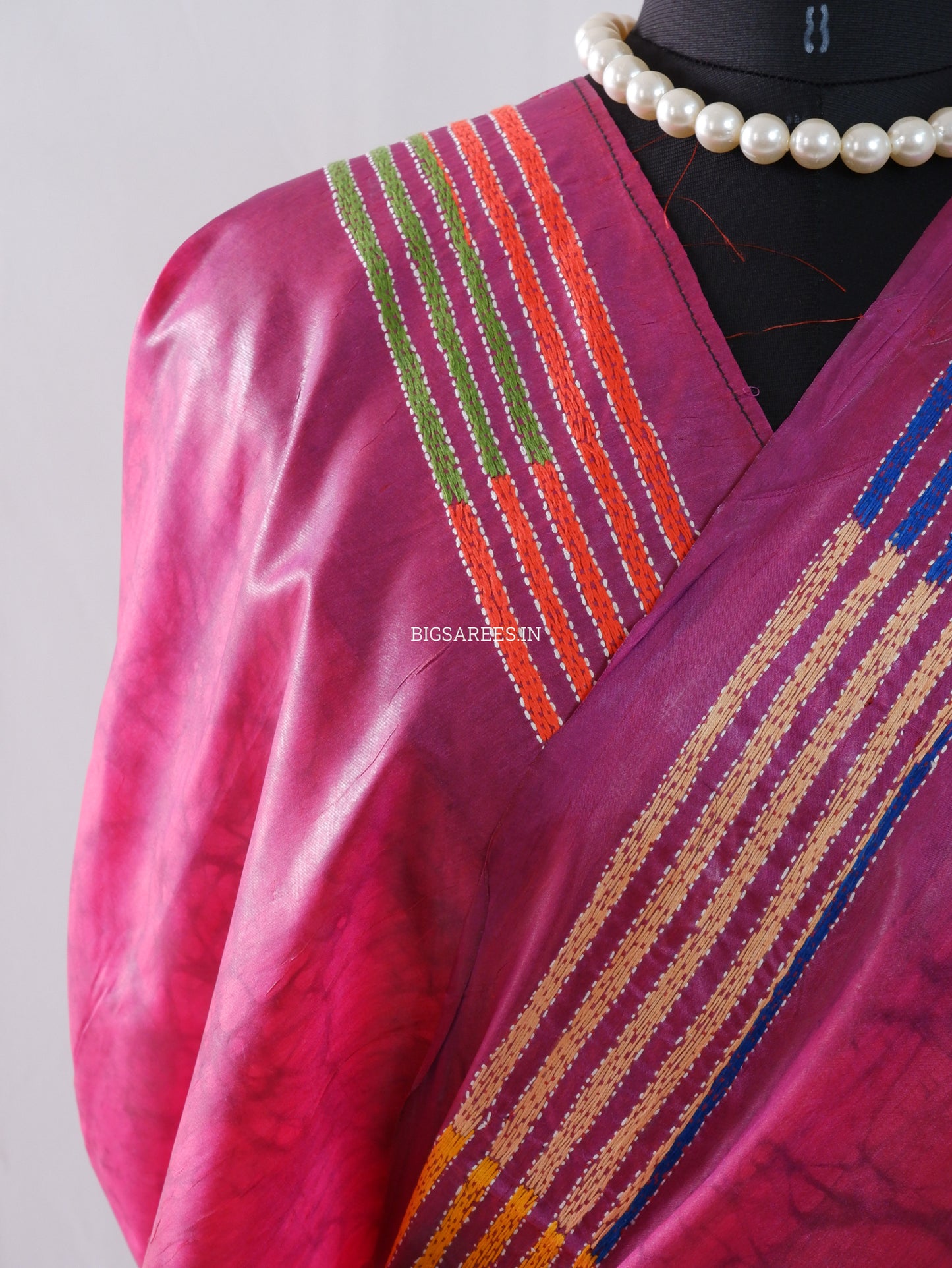 Reverse Kantha Stitch Hand Embroidered Batik Saree | Blended Bangalore Silk / Art Silk | Rani Pink
